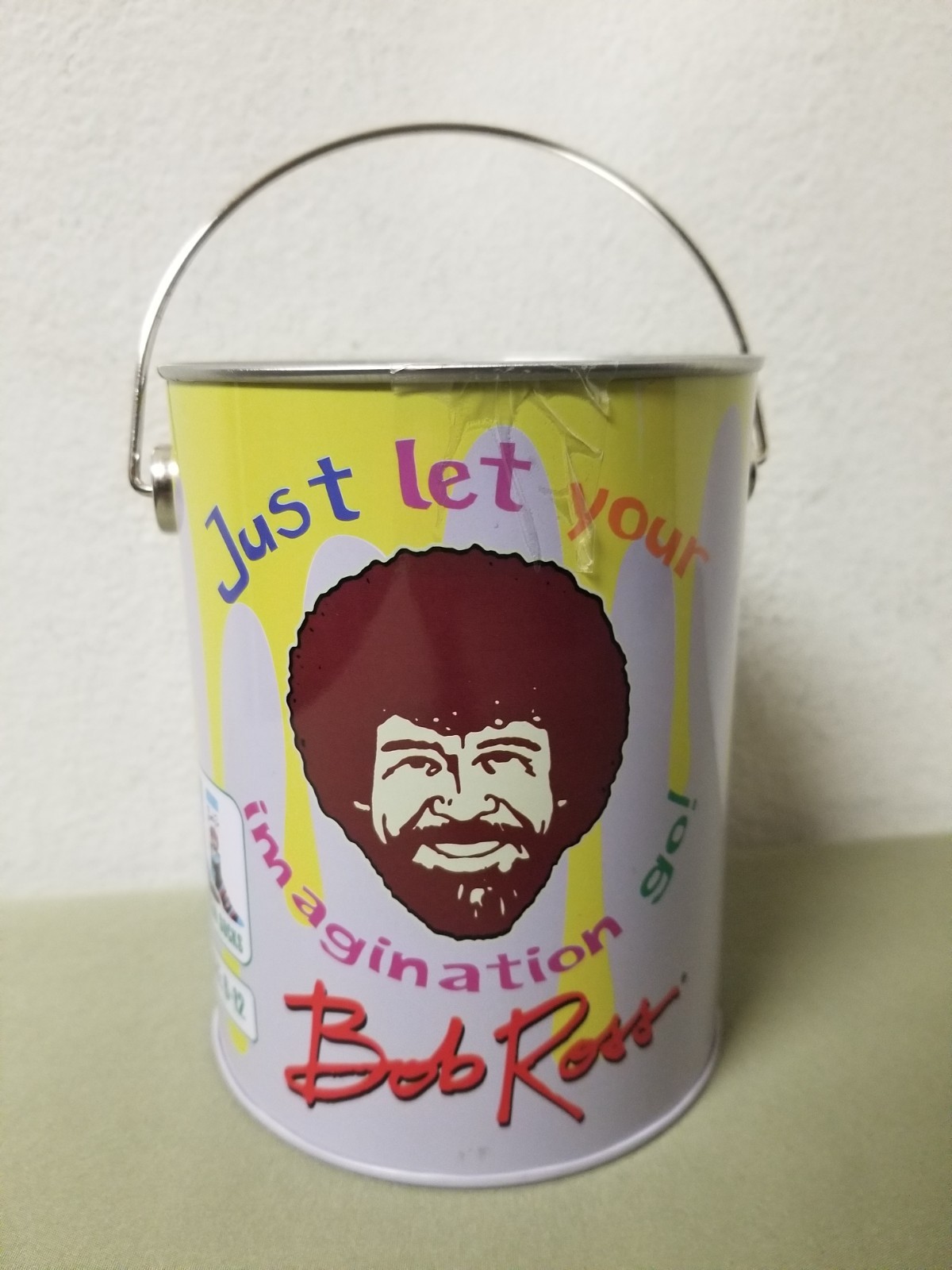 New Bob Ross Collectors Paint Can With 3 Pairs Of Crew Socks.