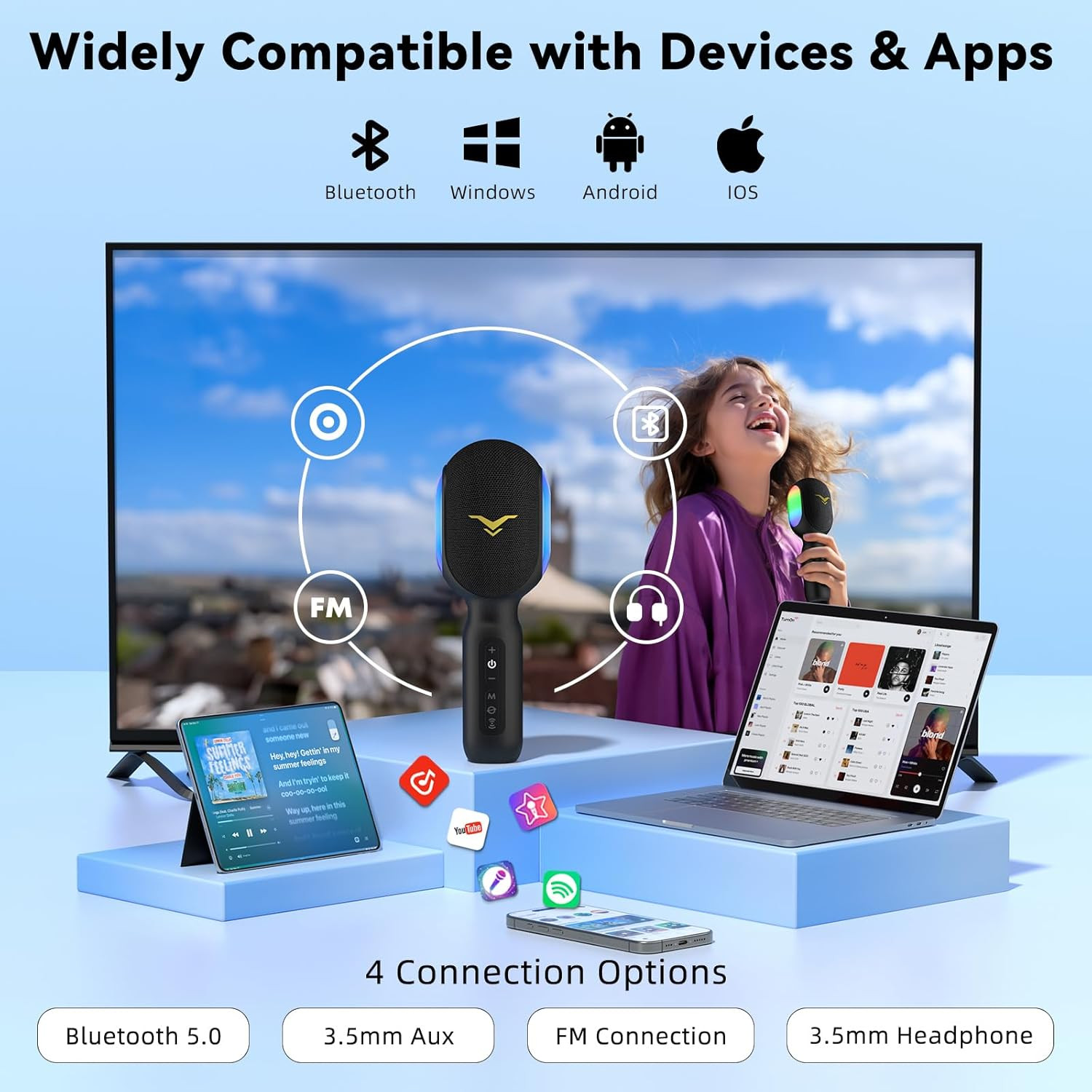 Wireless Bluetooth Karaoke Microphone, 5-in-1 Portable Handheld Mic with LED Lig