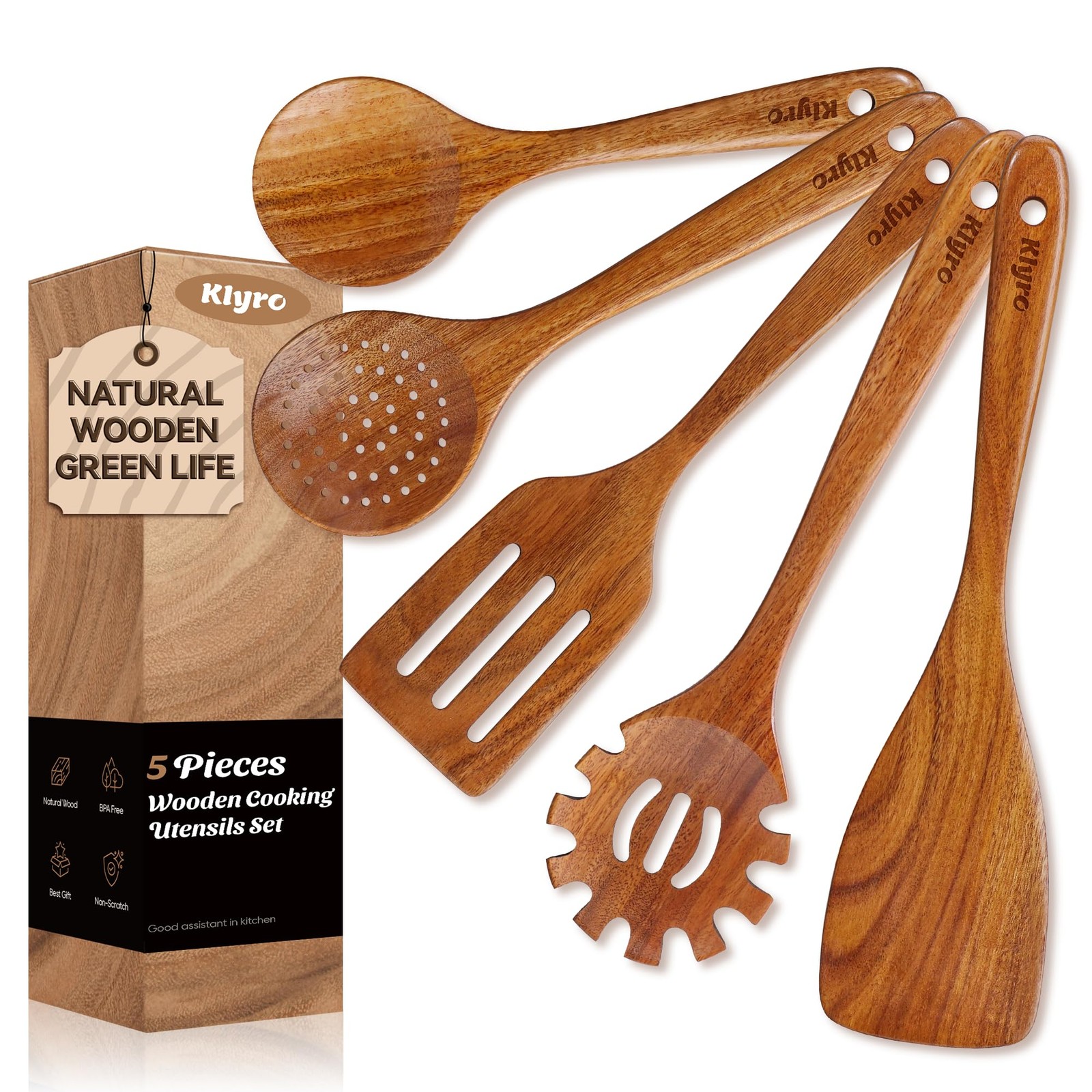 Teak Kitchen Utensils Set 5 Piece Premium Wooden Cooking Utensils Set Non-Sti...