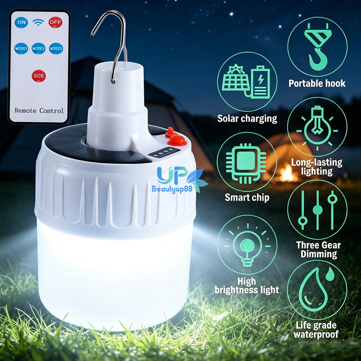 LED Solar Rechargeable Camping Lantern Flashlight Lamp Rechargeable with Remote