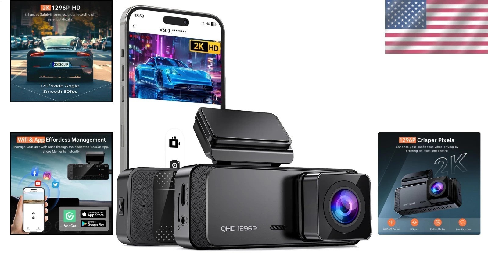 V300 Dash Camera 1296P Front WiFi Car Night Vision Loop Record