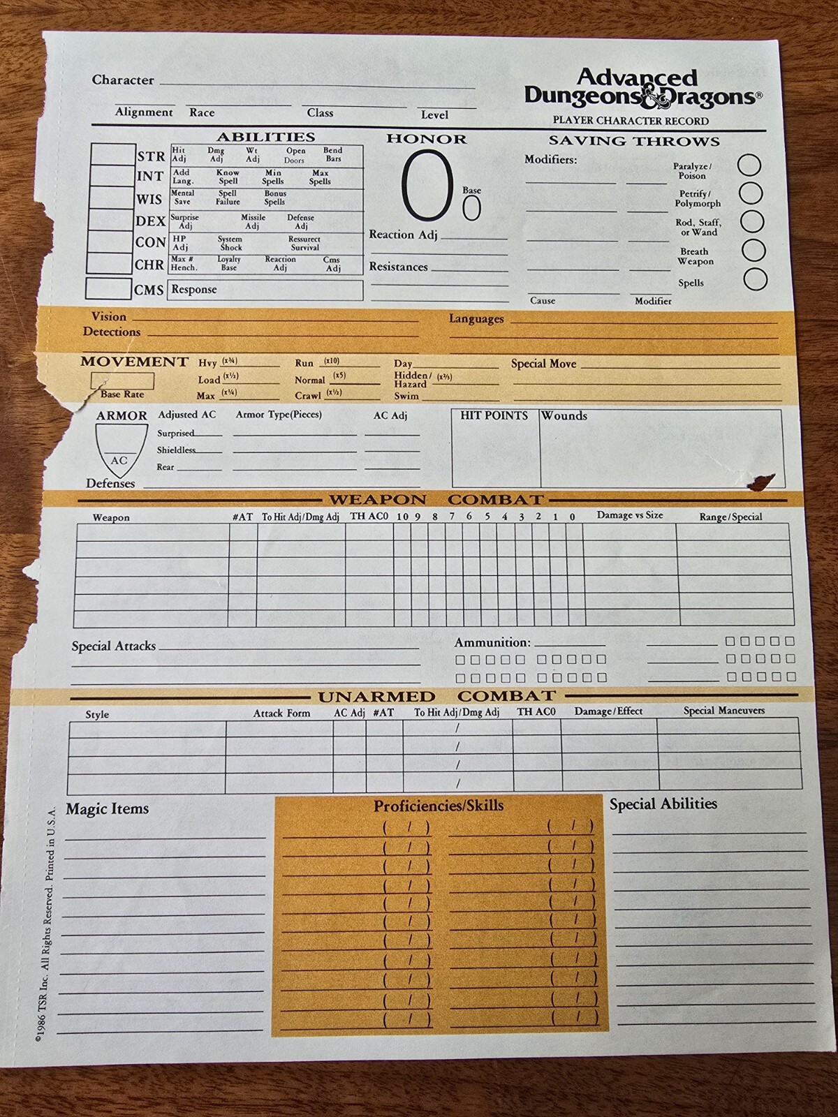 AD&D 1st Edition REF2 Player Character Record Sheet Singles TSR