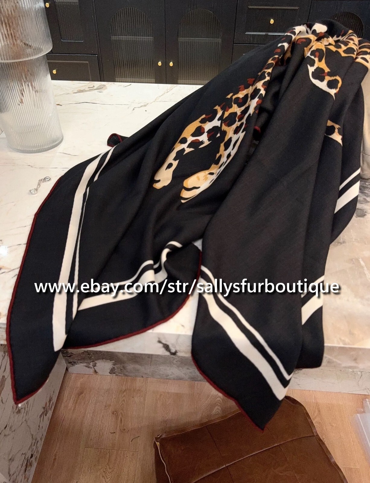 Sallys 75% Cashmere & 25% Silk Wrap Scarf Leopard Print Double Face Shawl 53"