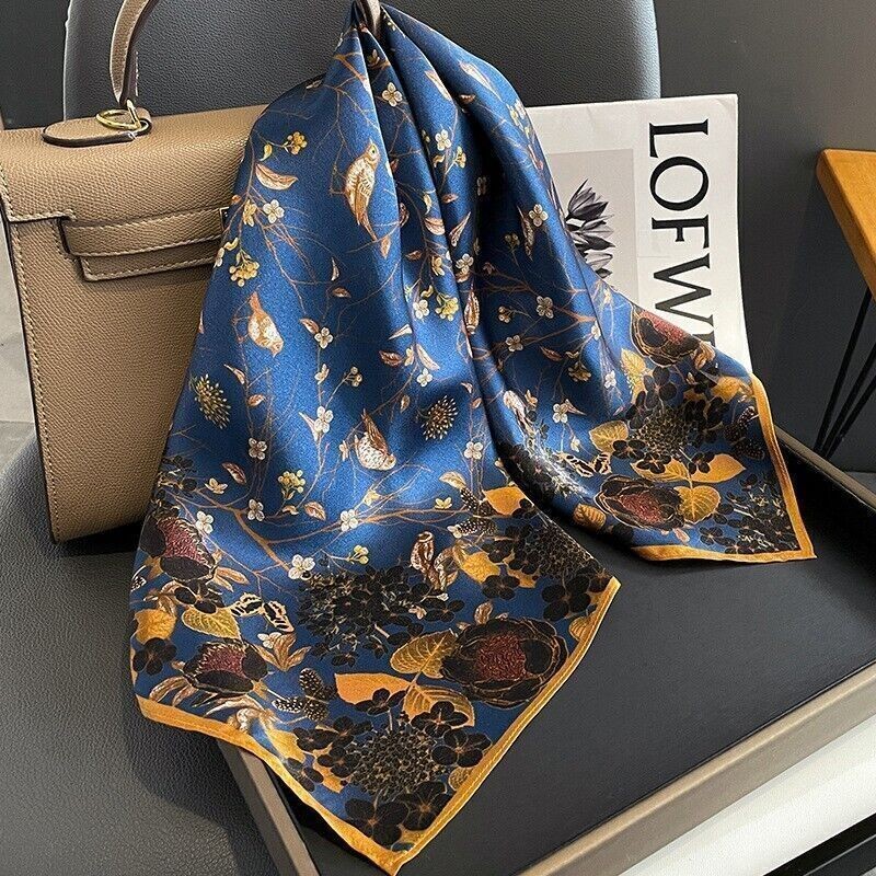 68*68cm 100% Silk Scarf Women Vintage Blue Leaves Kerchief Square Bandana Wrap