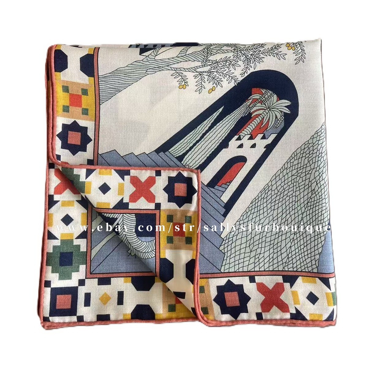 Sallys 70% Cashmere & 30% Silk Wrap Scarf Castles Print Double Face Shawl 53"