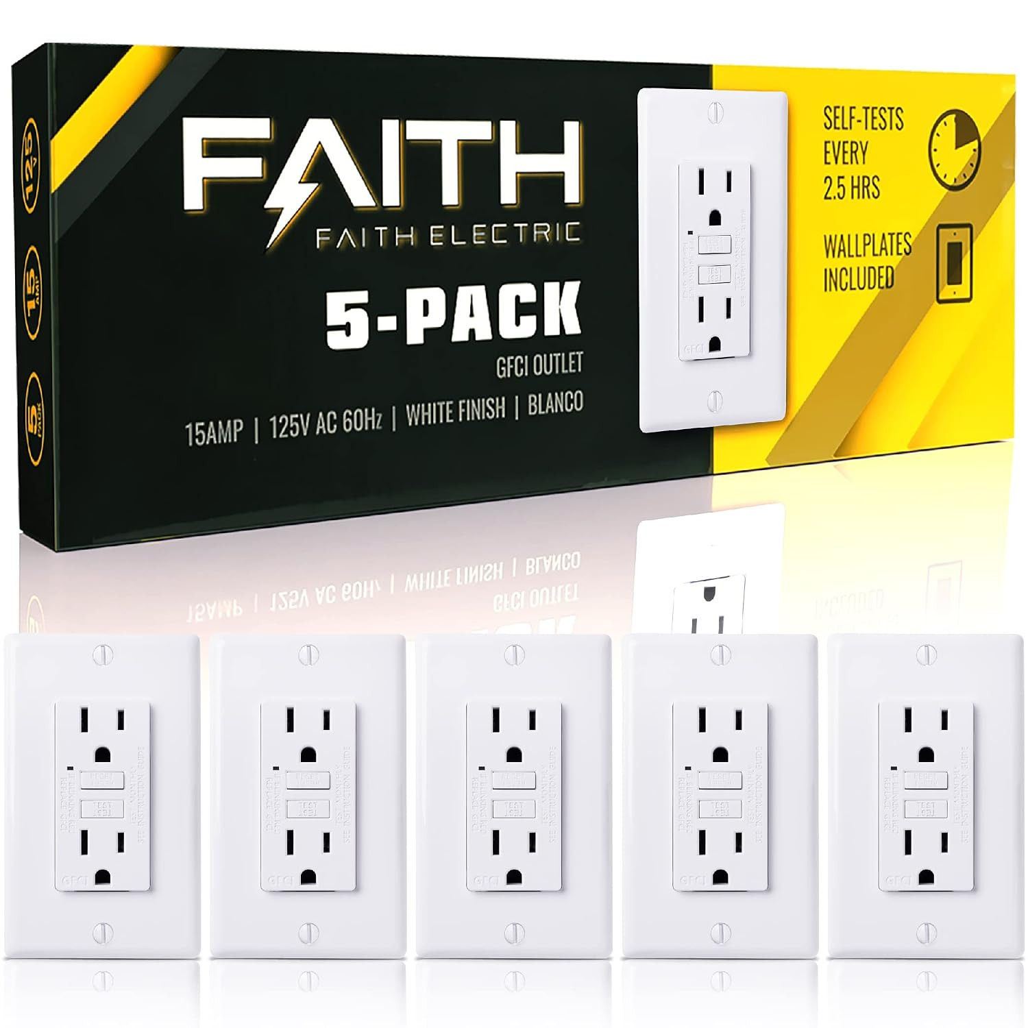 [5-Pack] 15A GFCI Outlet, ETL Listed, GFI Duplex Receptacles with LED Indicator,