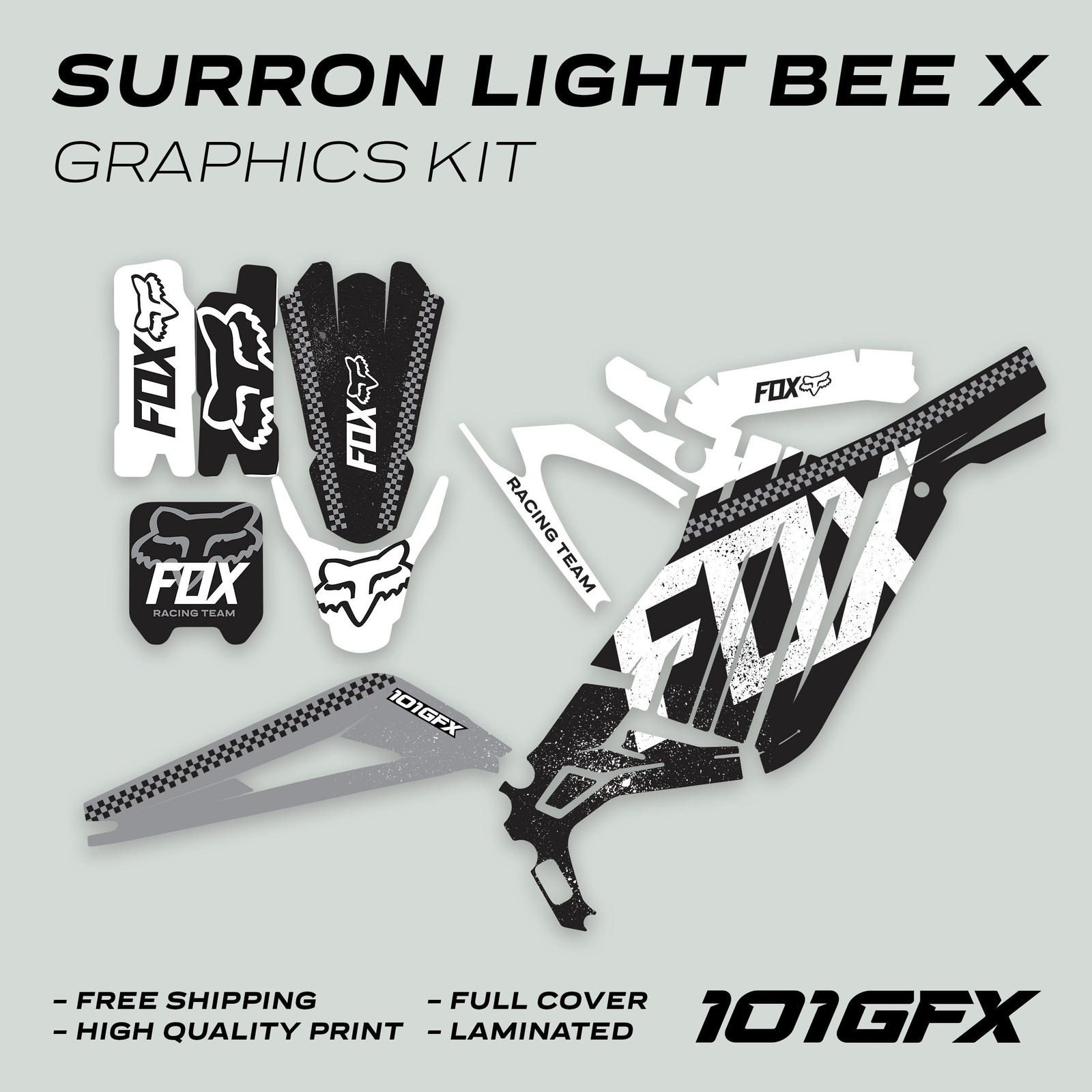 Surron Light Bee X Graphics Kit FOX DUST Black White Decals Stickers Laminated