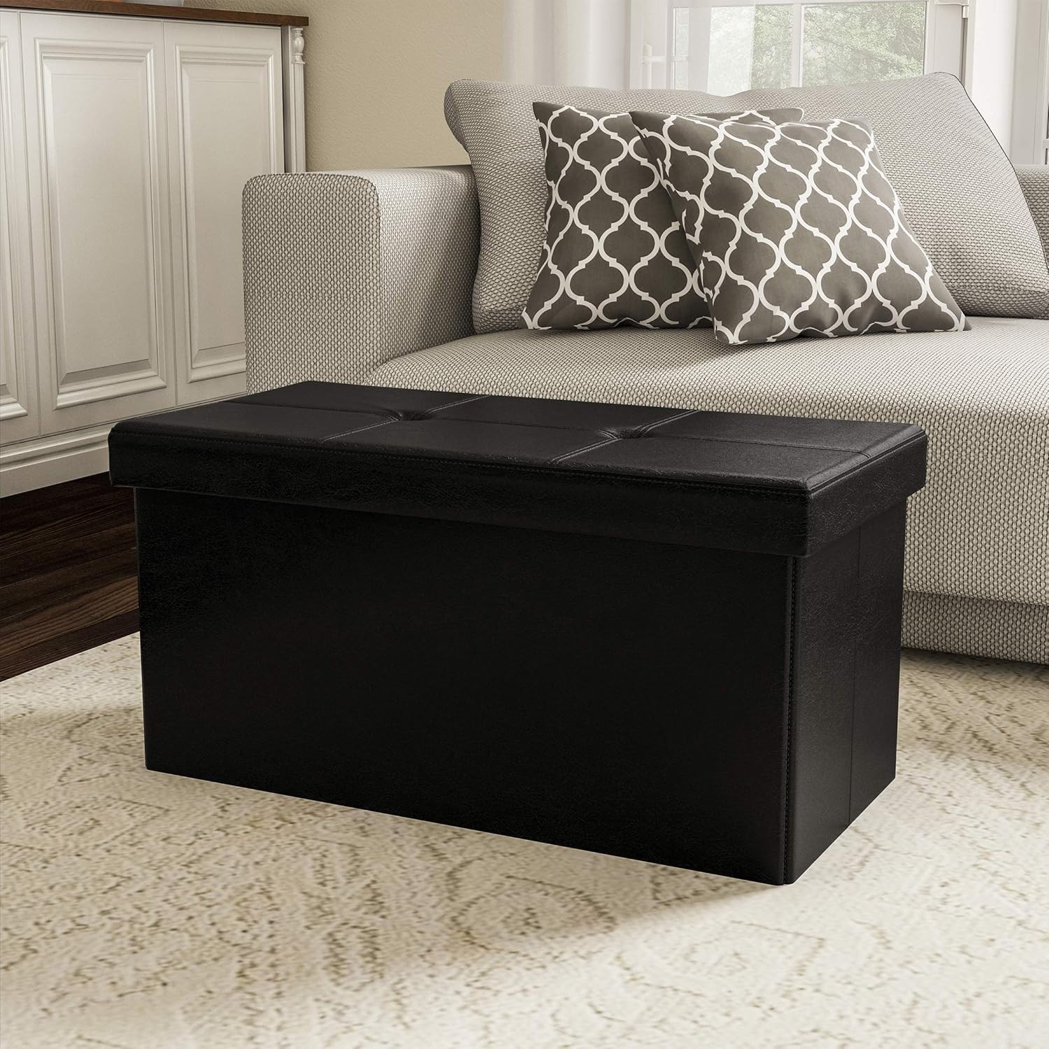 Storage Ottoman 30-Inch Folding Faux Leather Footrest Linen Chest/Bench W/ Remov