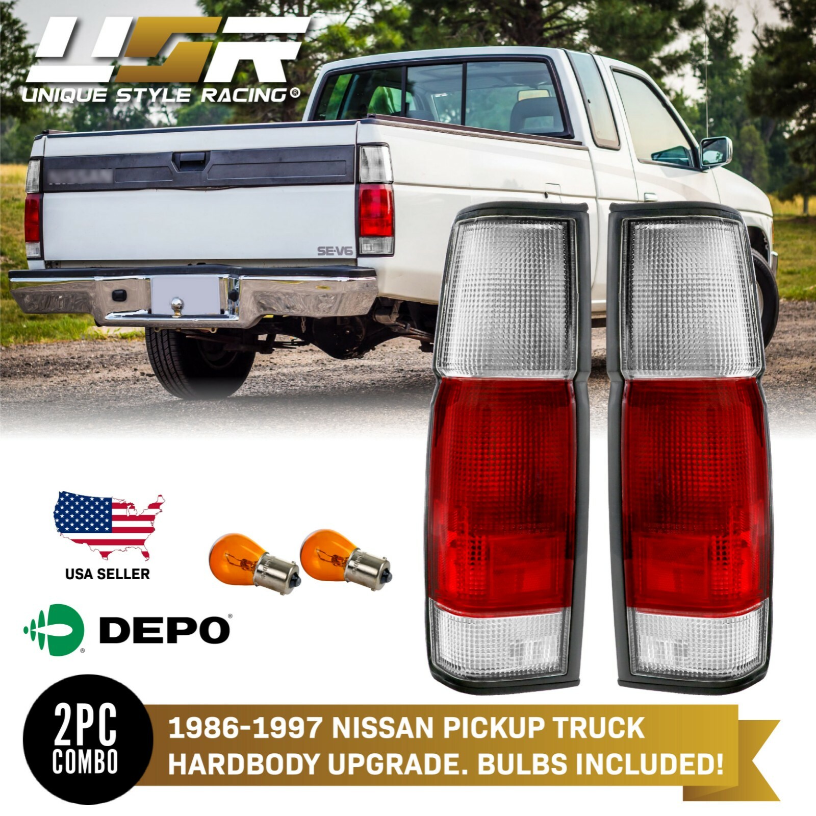 DEPO Red/Clear Rear Tail Light Pair for 1986-1997 Nissan Hardbody Pickup Truck