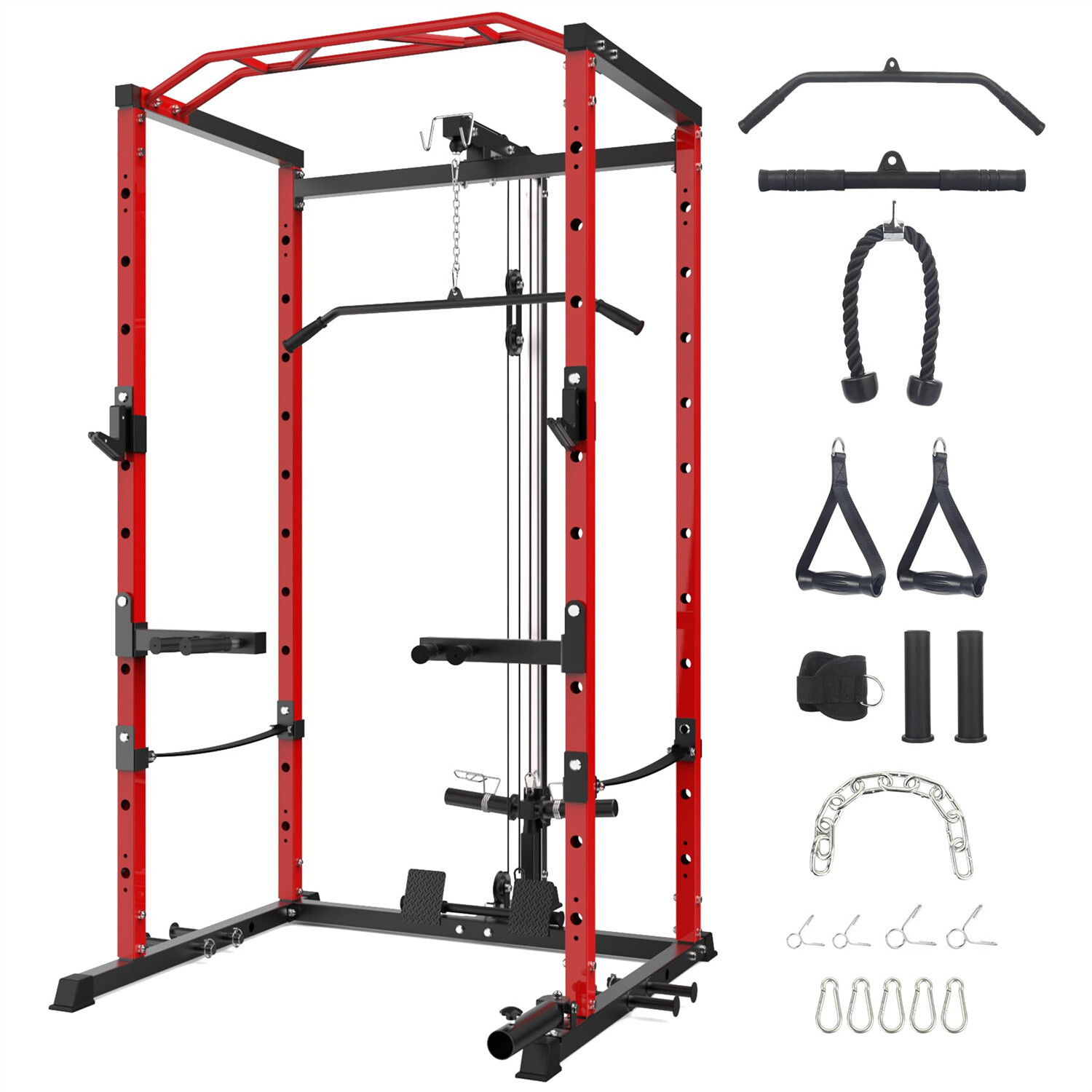 🔥1600LBS Power Cage with LAT Pulldown Multi-Functional Power Rack with J-Hook