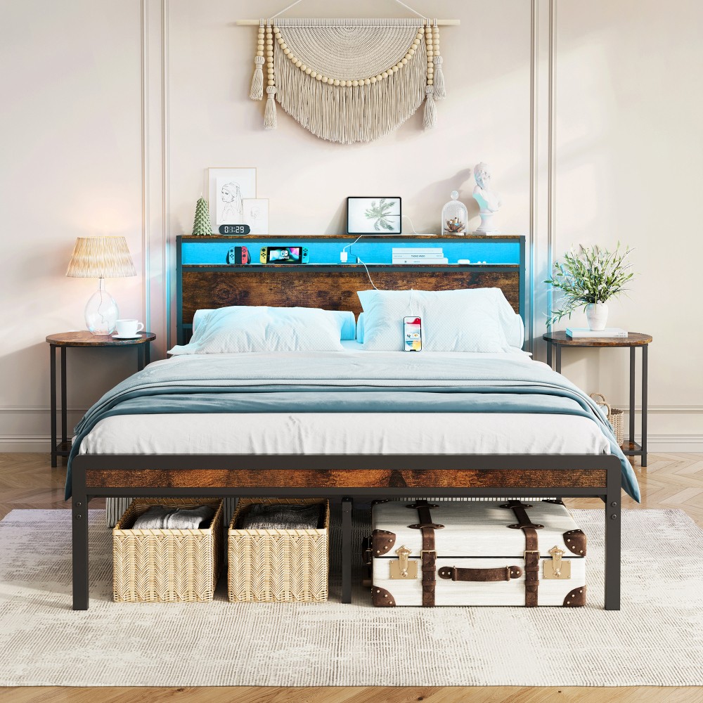 Full Size Metal Bed Frame with Headboard and Footboard, LED Lighting