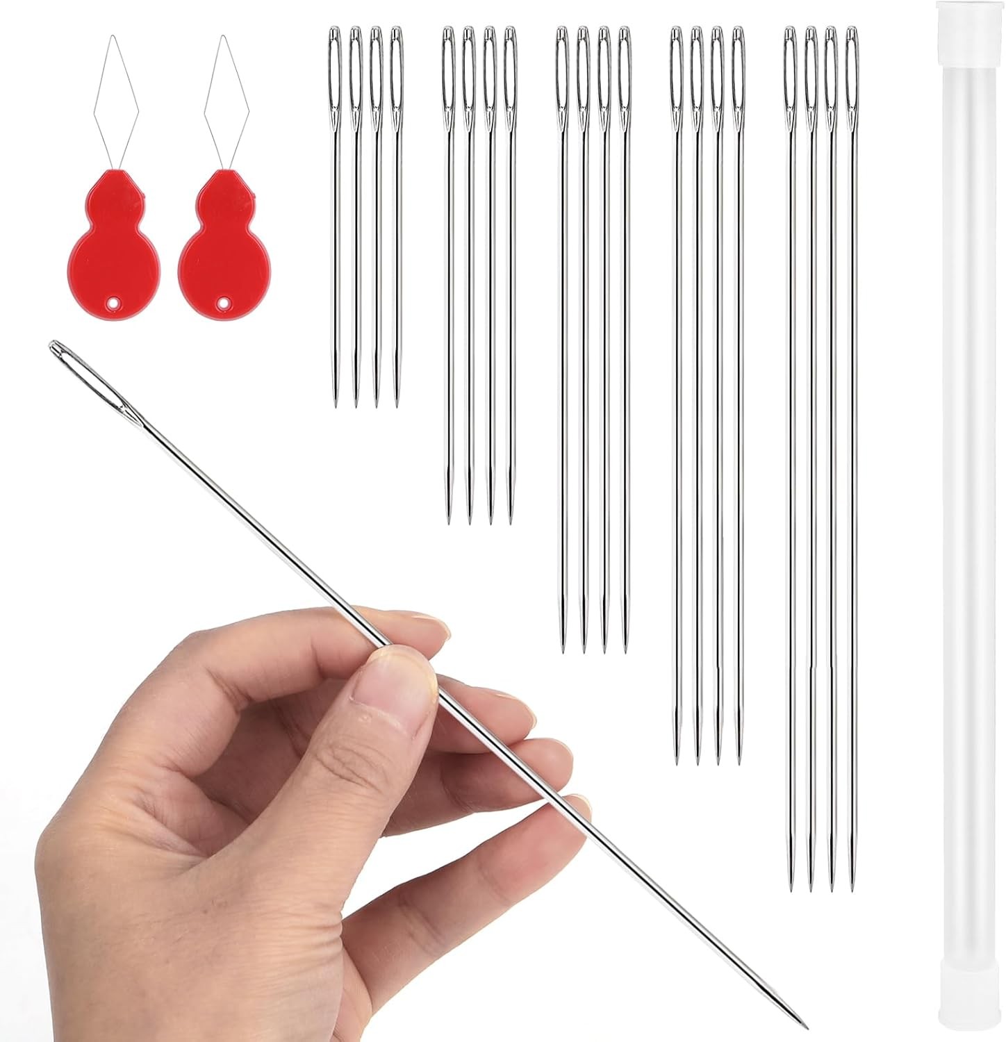 AUUIUOS 20 Pcs Steel Large Eye Hand Long Sewing Needles Includes 2 Needle Thr...