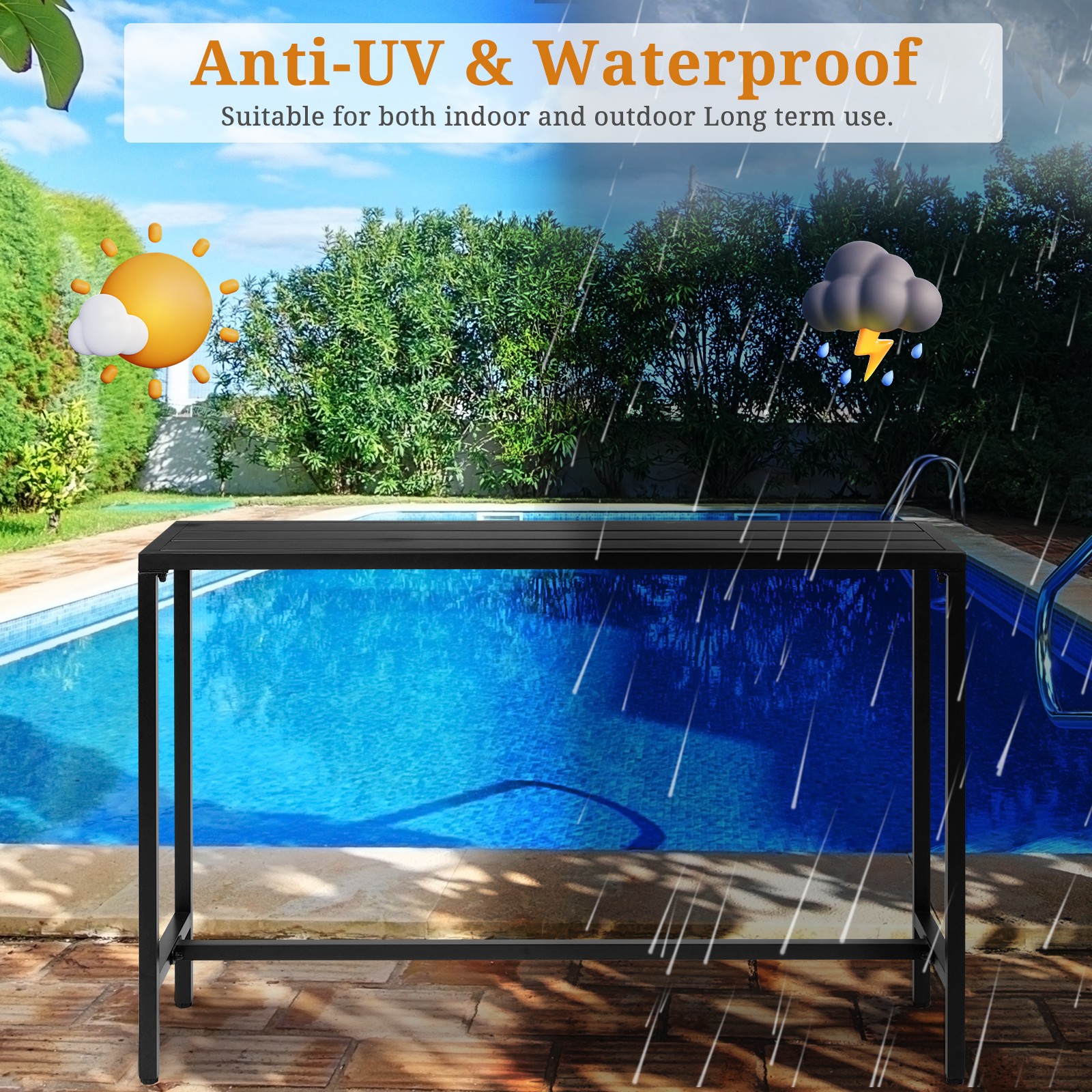 55" Outdoor Bar Table w/ Adjustable Feet, Rectangle Narrow Counter Height Table
