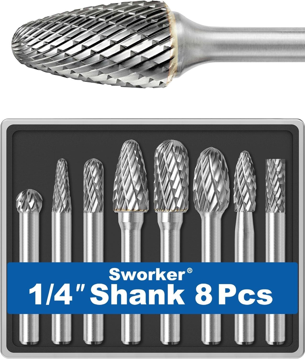 8Pcs Carbide Burr Set 1/4 Shank w/Clear Box Max Head Dia 10mm Die Grinder Bits R