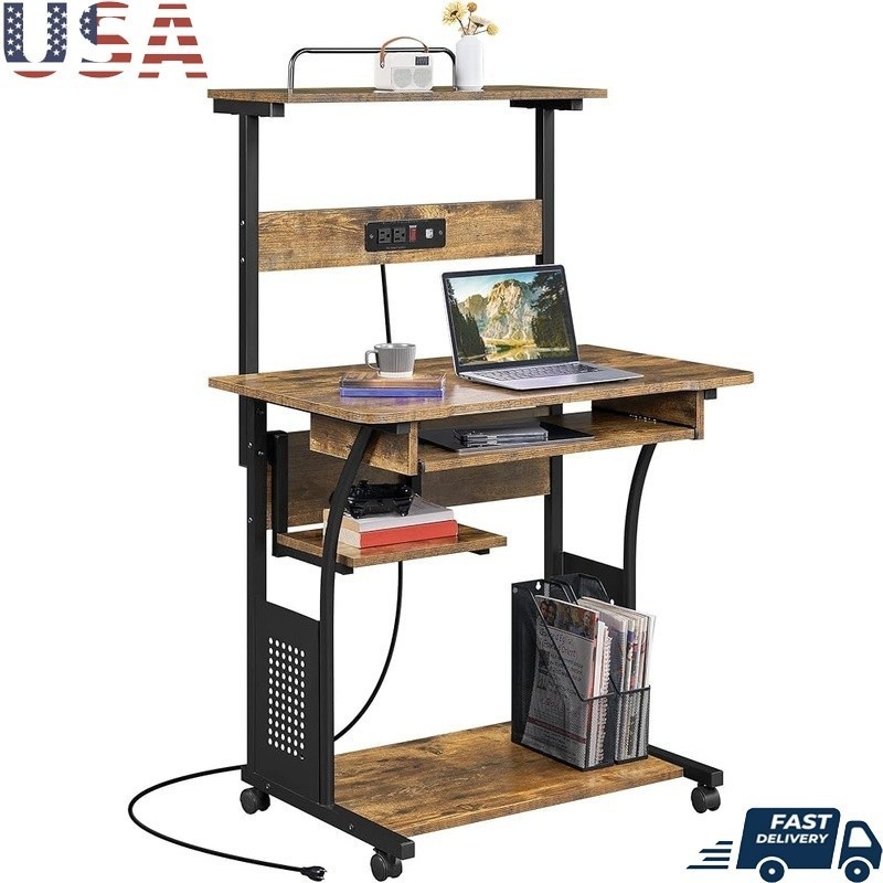 Rolling Laptop Stand W/ Power Outlet USB Ports Compact Mobile Desk Workstation