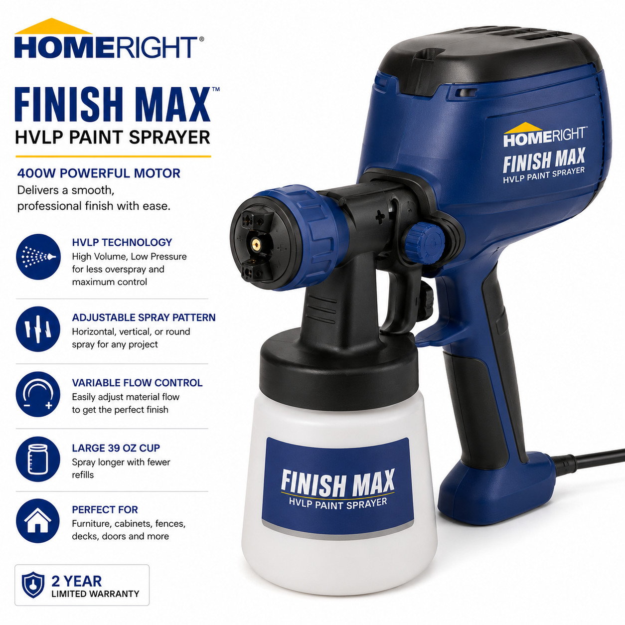 HomeRight Finish Max HVLP Paint Sprayer 400W Adjustable Pattern 1 Qt Blue