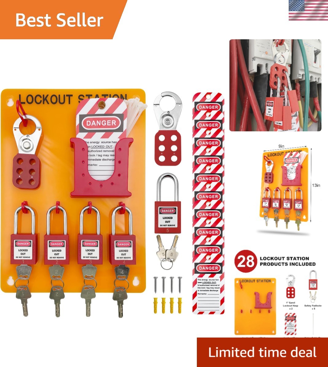 Lockout Tagout Station Kit - Metal Box with Tags, Locks, and Hasps