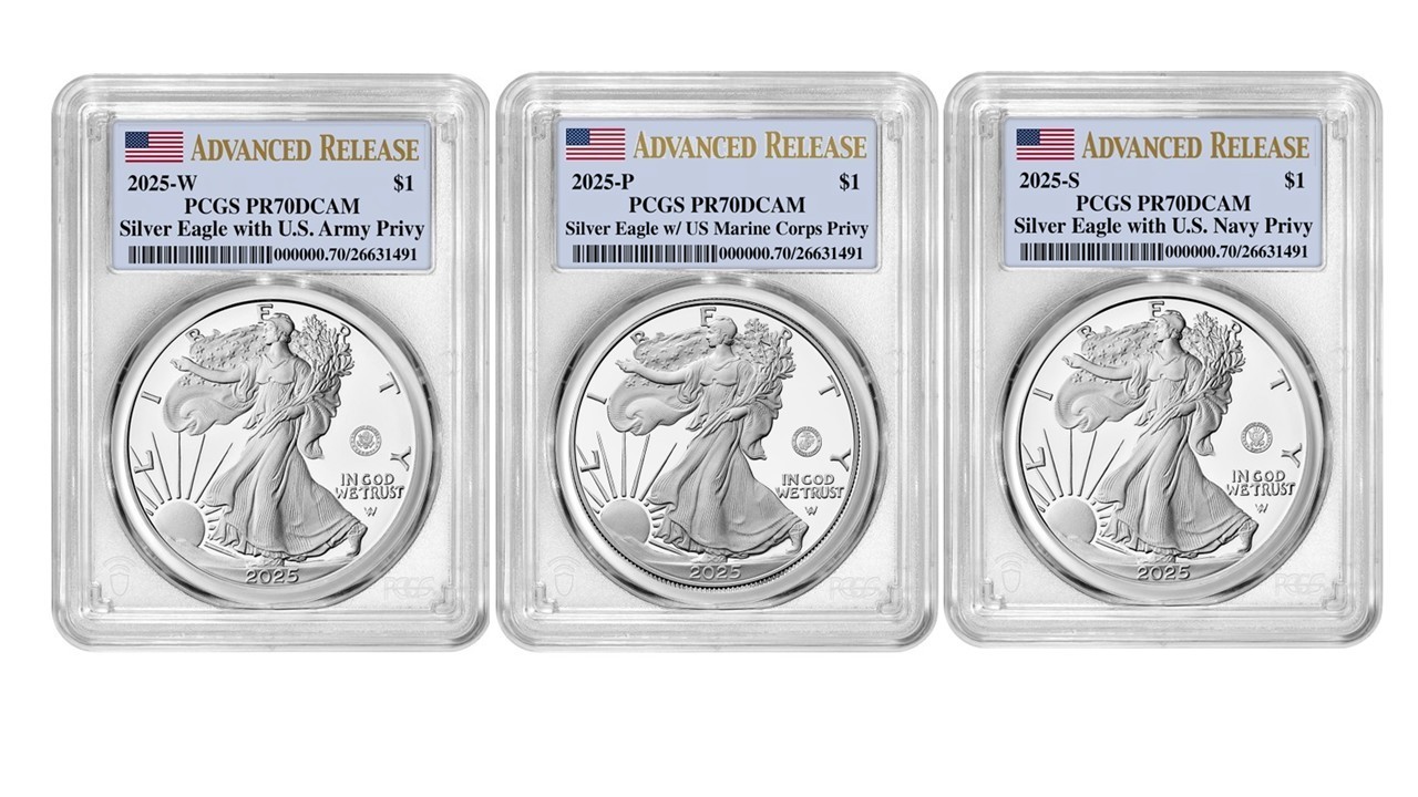 2025 W/P/S Silver Eagle $1 Army/Marine/Navy Privy PCGS PR70DCAM Advanced Release