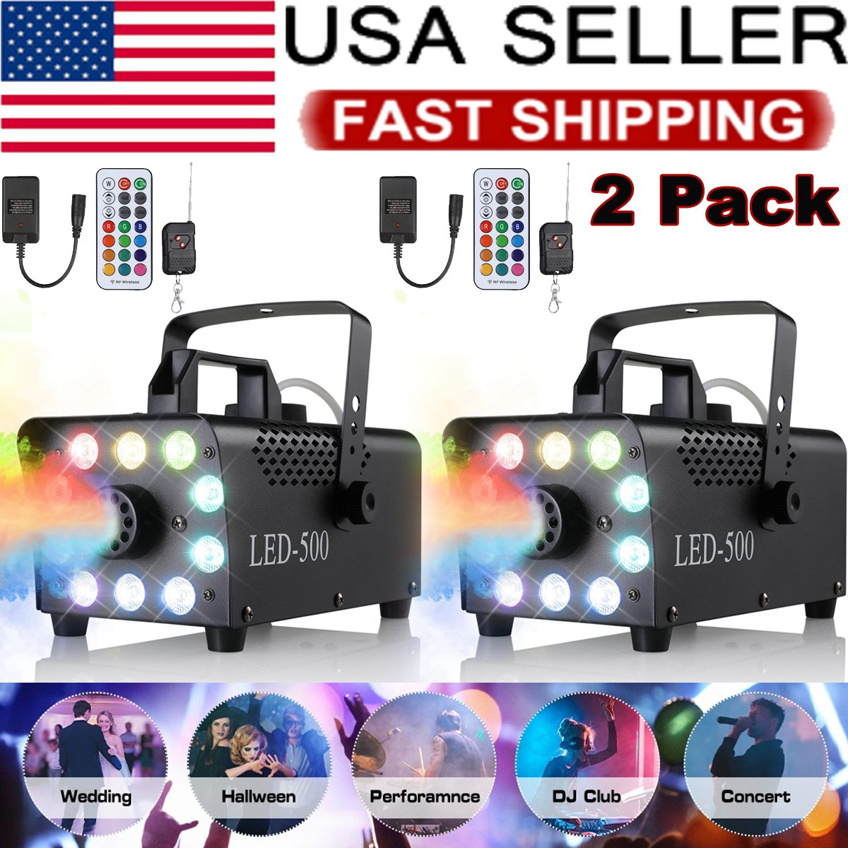 2Pack Smoke Machine 10 LED Lights Fog Machine 13 Colorful LED Lights Effect 500W