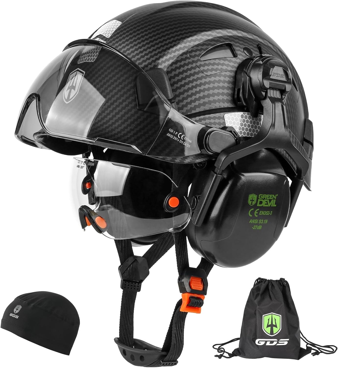 GREEN DEVIL Hard Hat Safety Helmet with Visor and Ear Muffs Men Women Vented ...