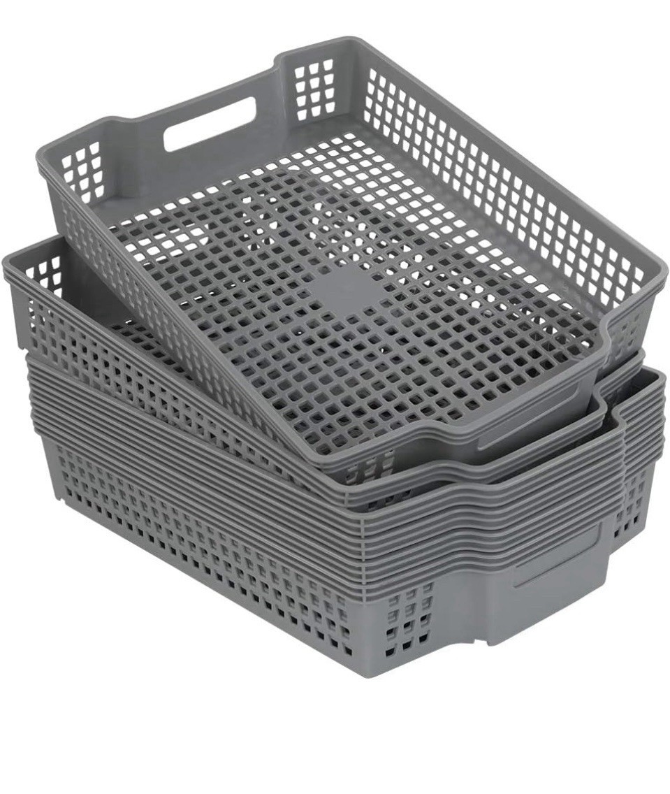 Plastic Basket Trays, Paper Storage Baskets Set of 6 Large, Grey