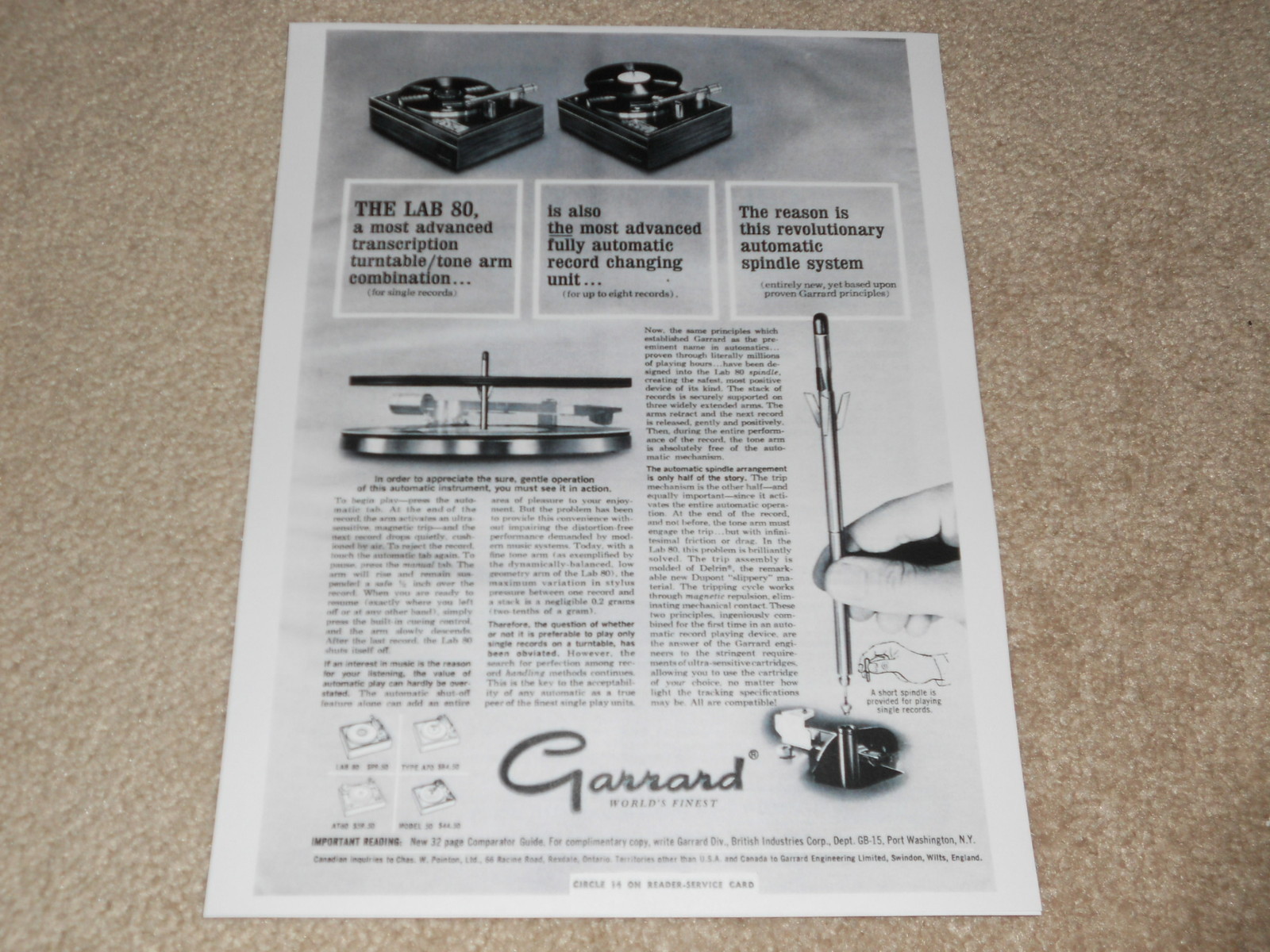 Garrard Lab 80 Turntable Ad, 1965, 1 pg, Article, Beautiful Ad!