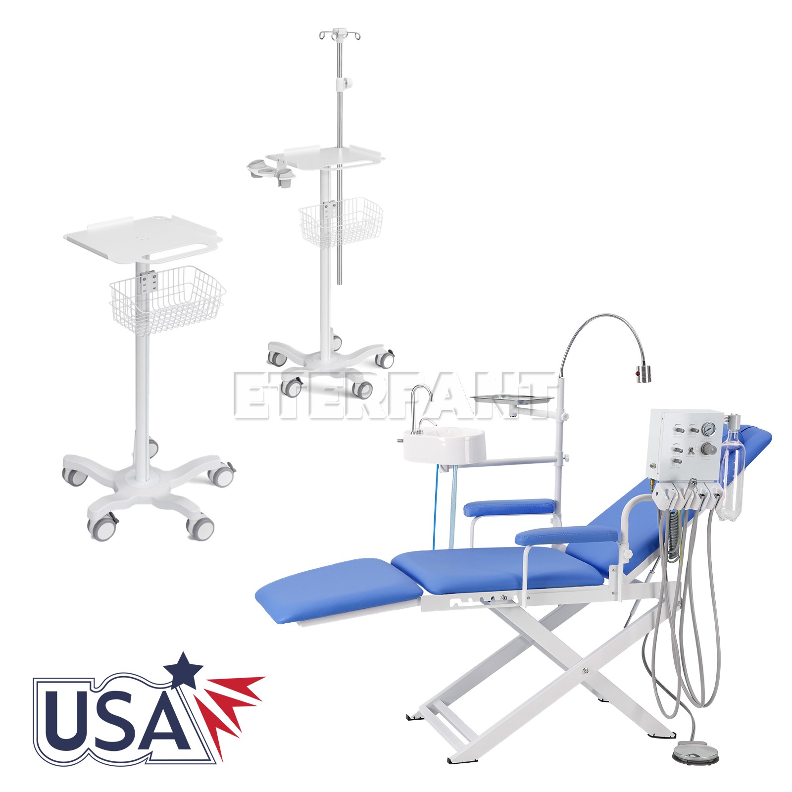 Dental Folding Chair Ergonomic+Air Turbine/Mobile Trolley Rolling Cart w/Basket