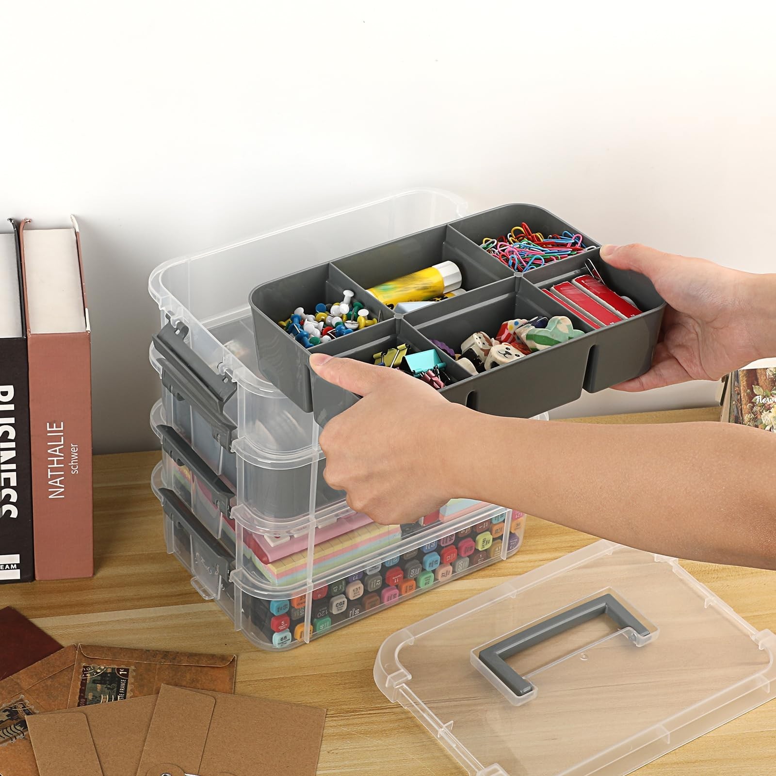 4-Tier Stackable Plastic Storage Bins with Lids & Handle - Clear Organizer for C