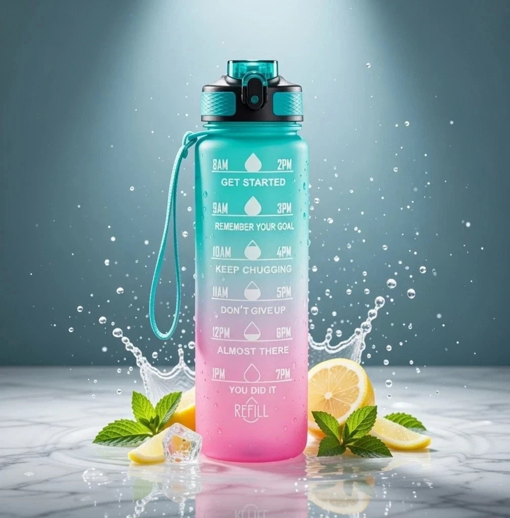 1L Motivational Time-Marker Water Bottle – 32oz Leakproof Sport Tumbler Green