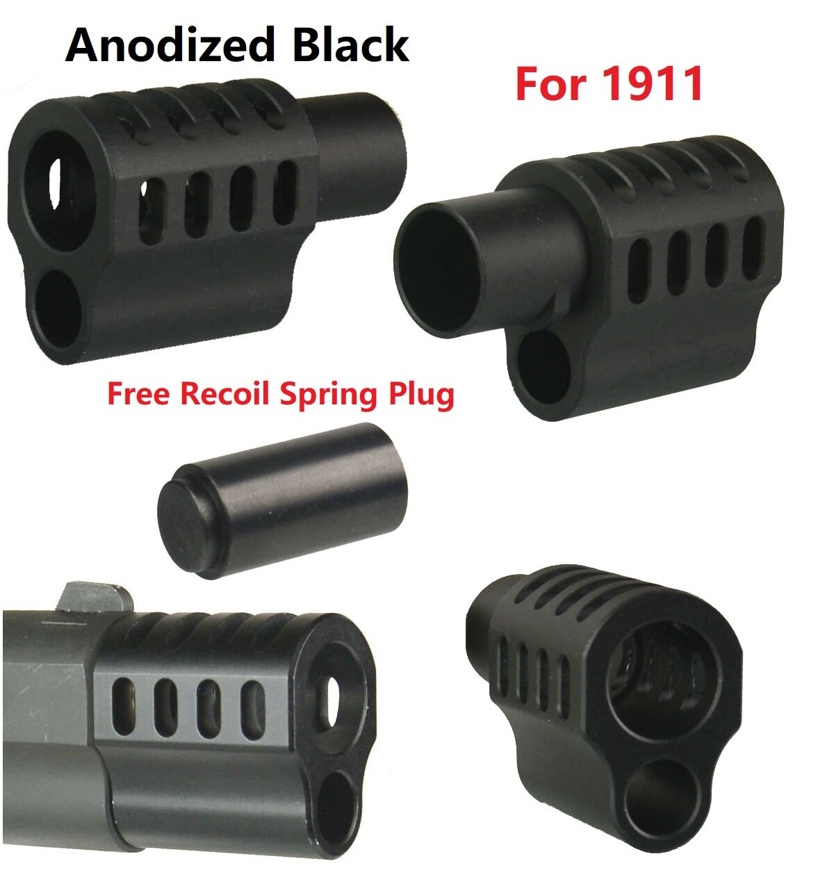 1911 .45 ACP Muzzle Brake Compensator, A Style, Anodized Black Free Spring Plug