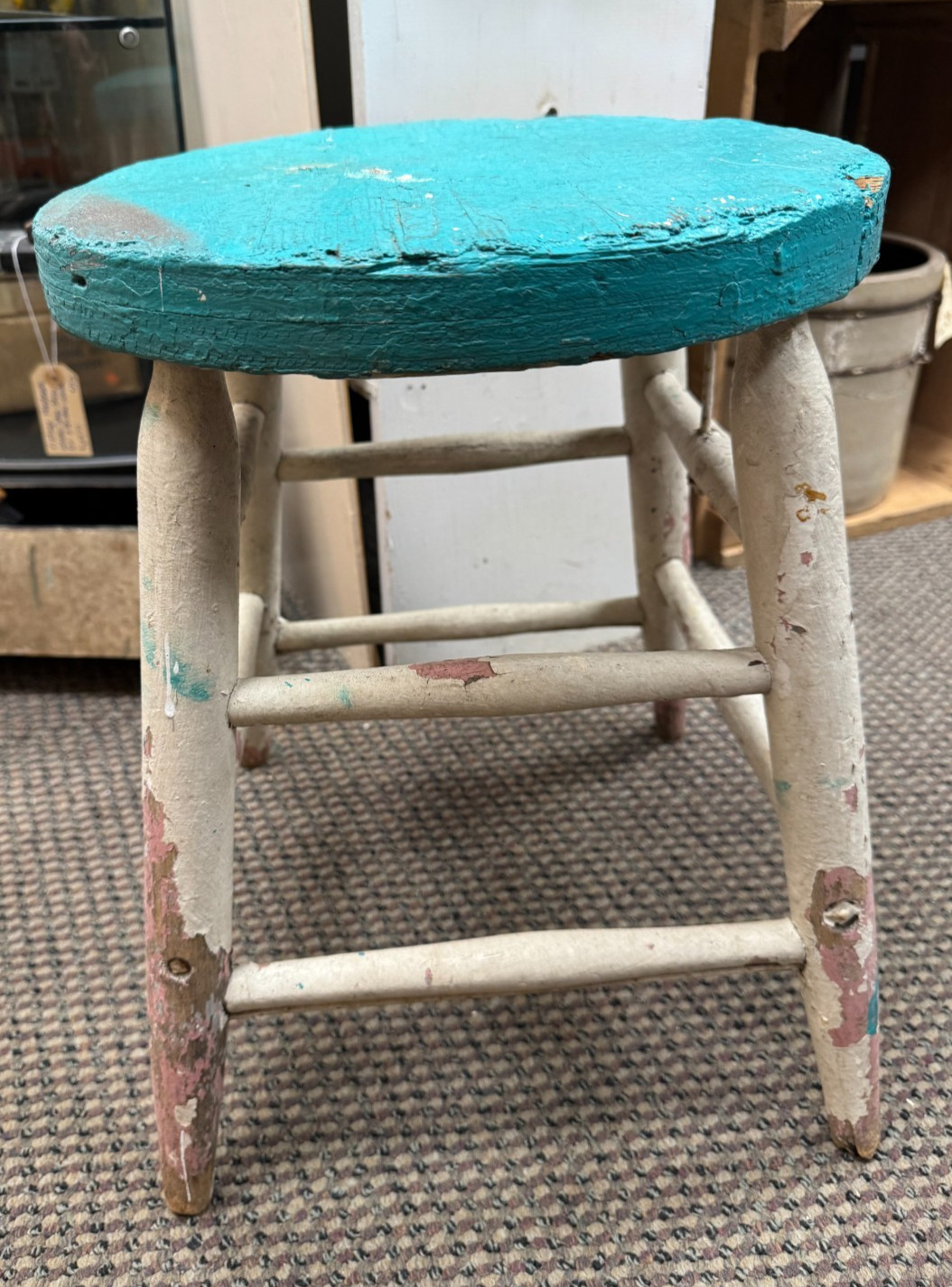 Vintage Wooden 4-Leg Stool-Rustic Shabby Chic Plant Stand Turquoise/White Paint