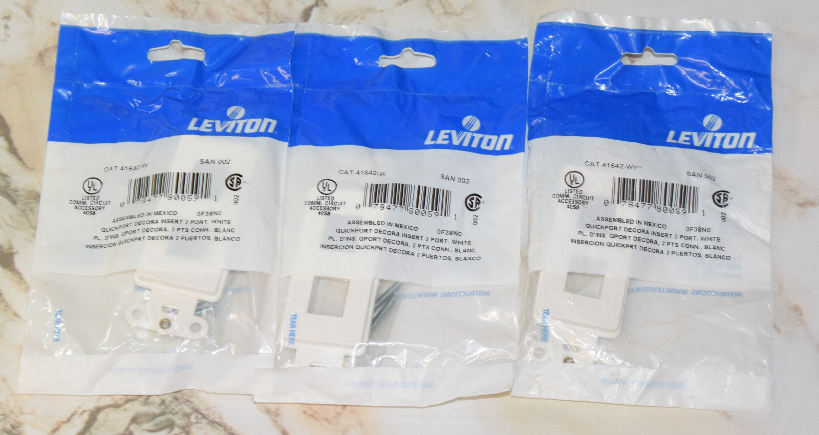 Lot 3 New Leviton QUICKPORT Decora Insert, 2-Port, White 41642-W