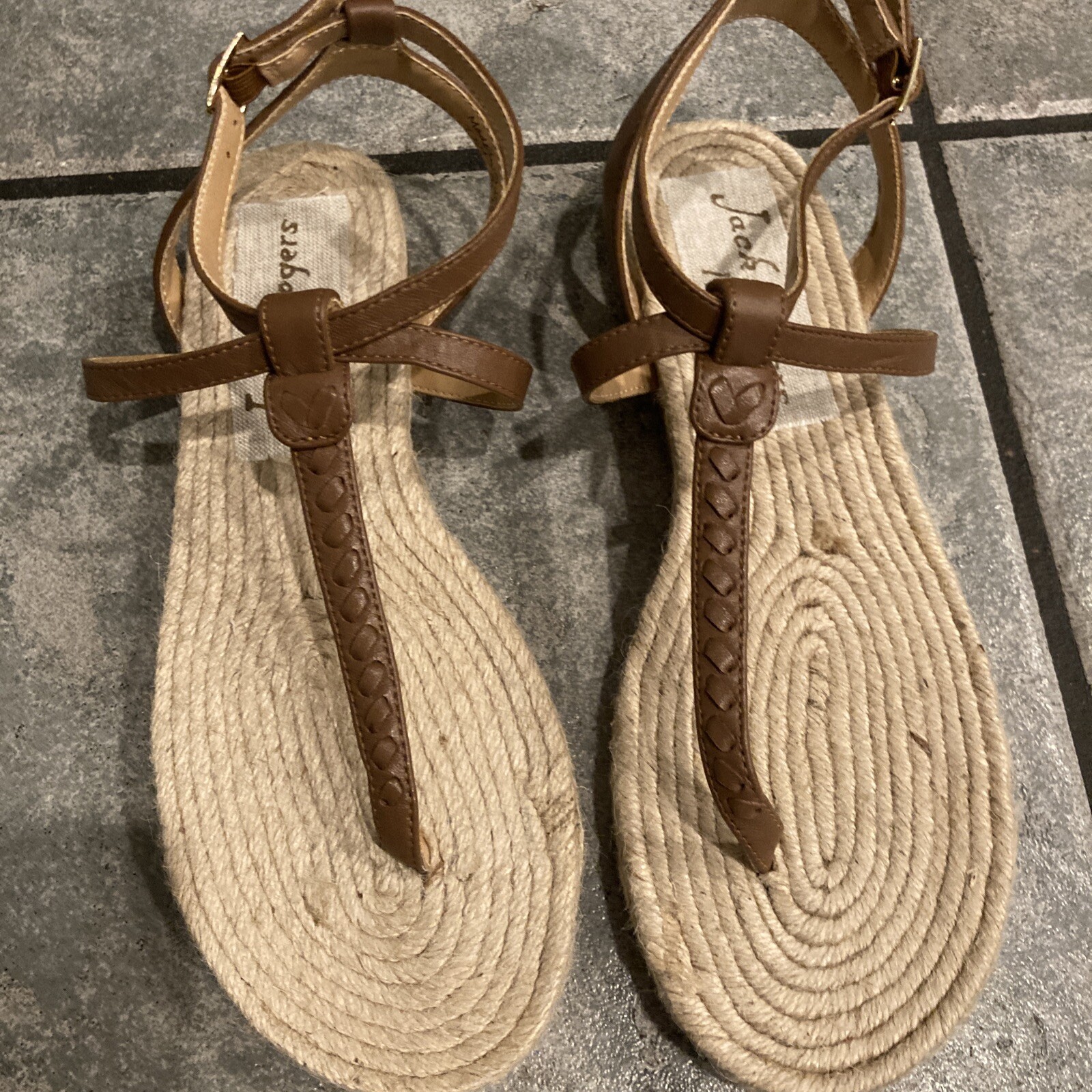JACK ROGERS Evie Espadrille Sandal Thong Ankle Strap Leather Jute Brown 7.5 NEW