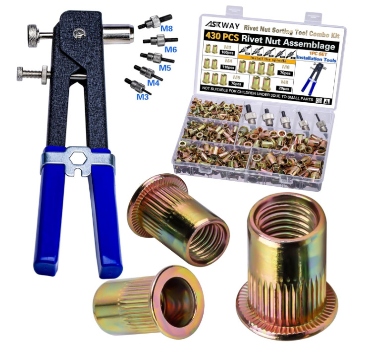 Kit Herramienta Tuercas Remachables 430 Piezas Métricas M3 M4 M5 M6 M8