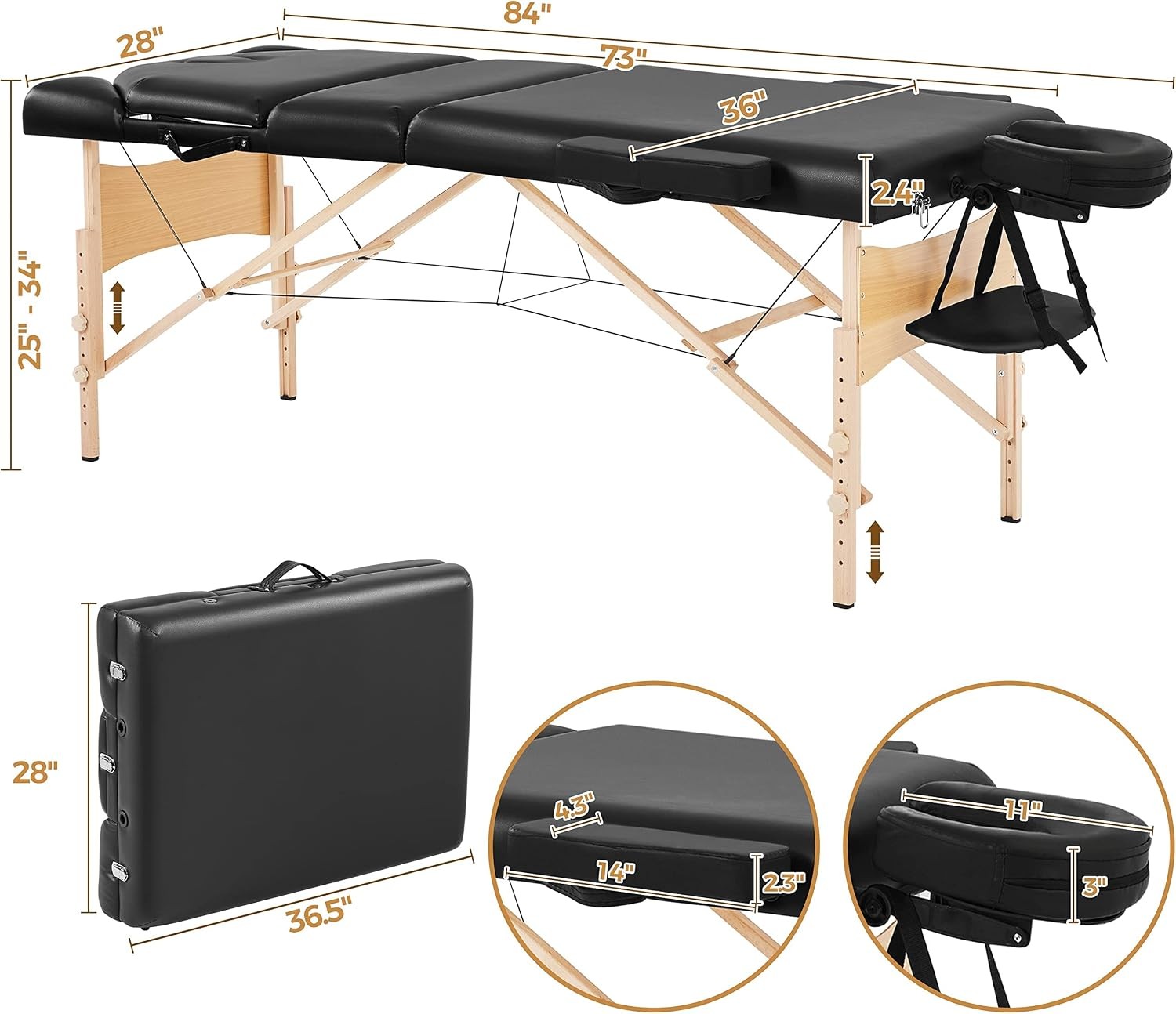 Massage Table Portable Height Adjustable Lash Bed 28in Wide Black |