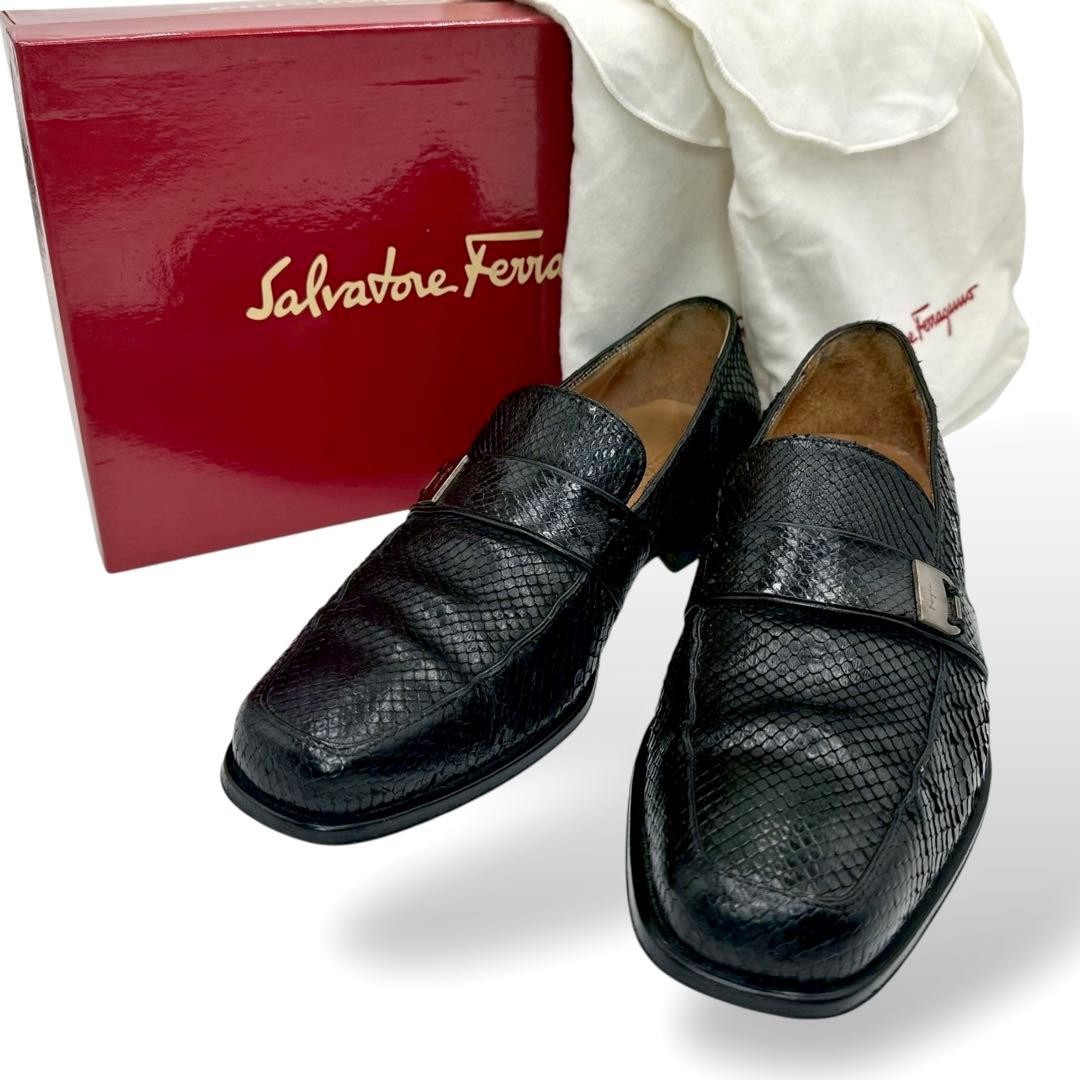 Ferragamo Dress Shoes Men 7.0US Loafer Python Black Leather 6.5Ee Limited Editio