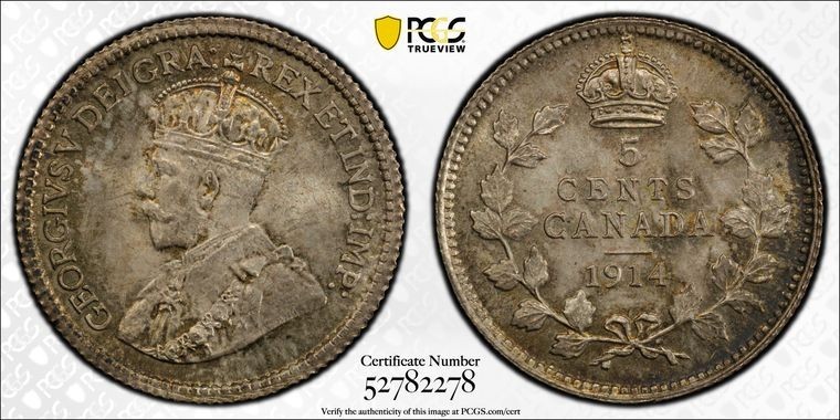 1914 Canada 5 Cents PCGS MS66 Lot#G329 Silver! Gem BU!
