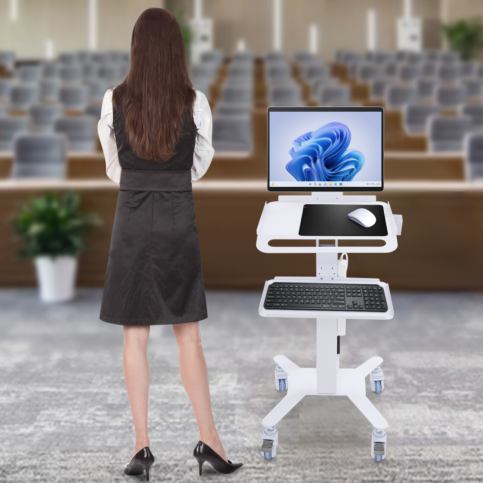 Mobile Standing Workstation Adjustable Height Rolling Computer Cart With Wheels