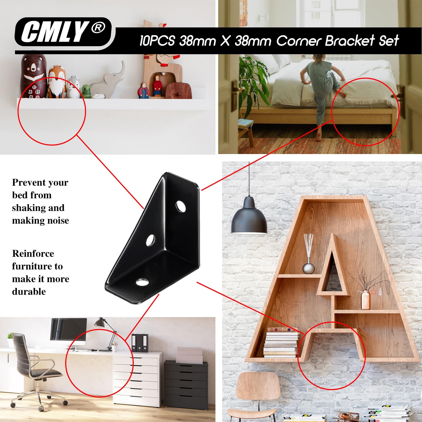 CMLY Corner Brackets, 10Pcs 38mm x 38mm, Black Steel, Triangle Medium,