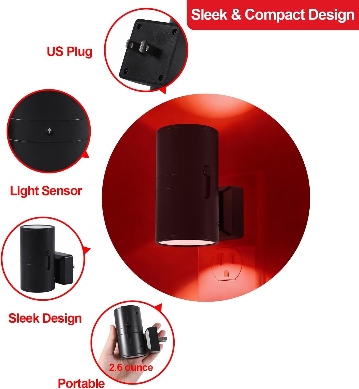 670nm Red Light Night Light for Sleep - Zero Blue Light, Adjustable 2 Pack
