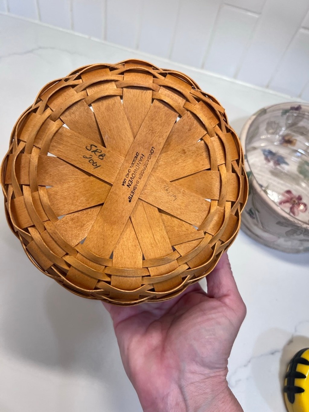 Longaberger Small Button Basket w Botanical Fields Liner and Plastic Protector