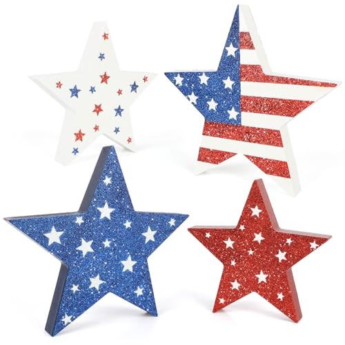 COCHIE 4th of July Decorations Wooden Star Set of 4, Labor Day Decor, Shinny