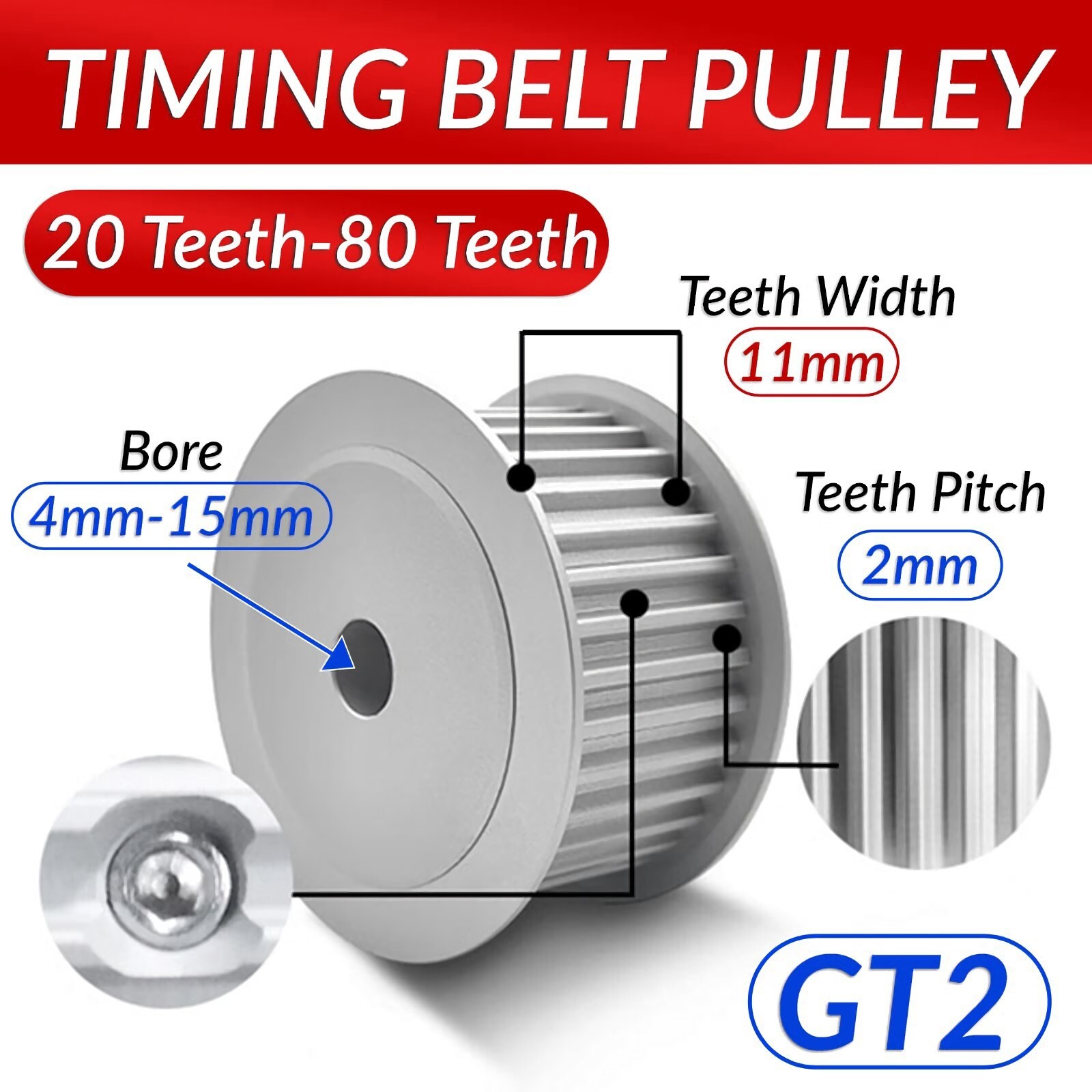 GT2 Timing Belt Pulley 20T ~ 80T Bore 4mm-15mm (11mm Teeth Width) For 3D Printer