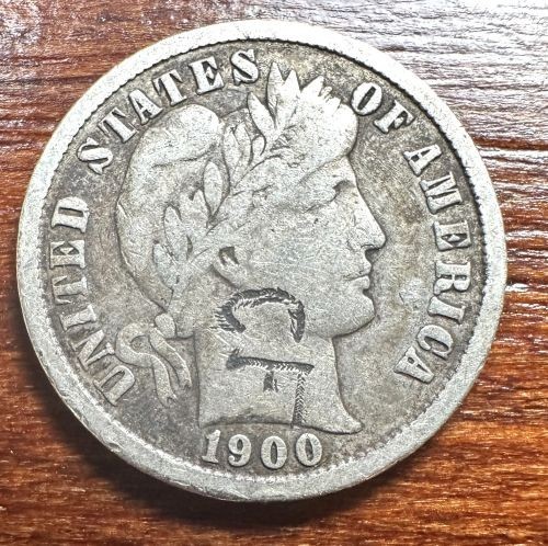 1900 Barber One Dime Silver Coin, Counter Stamped CF Obverse, Fine Condition