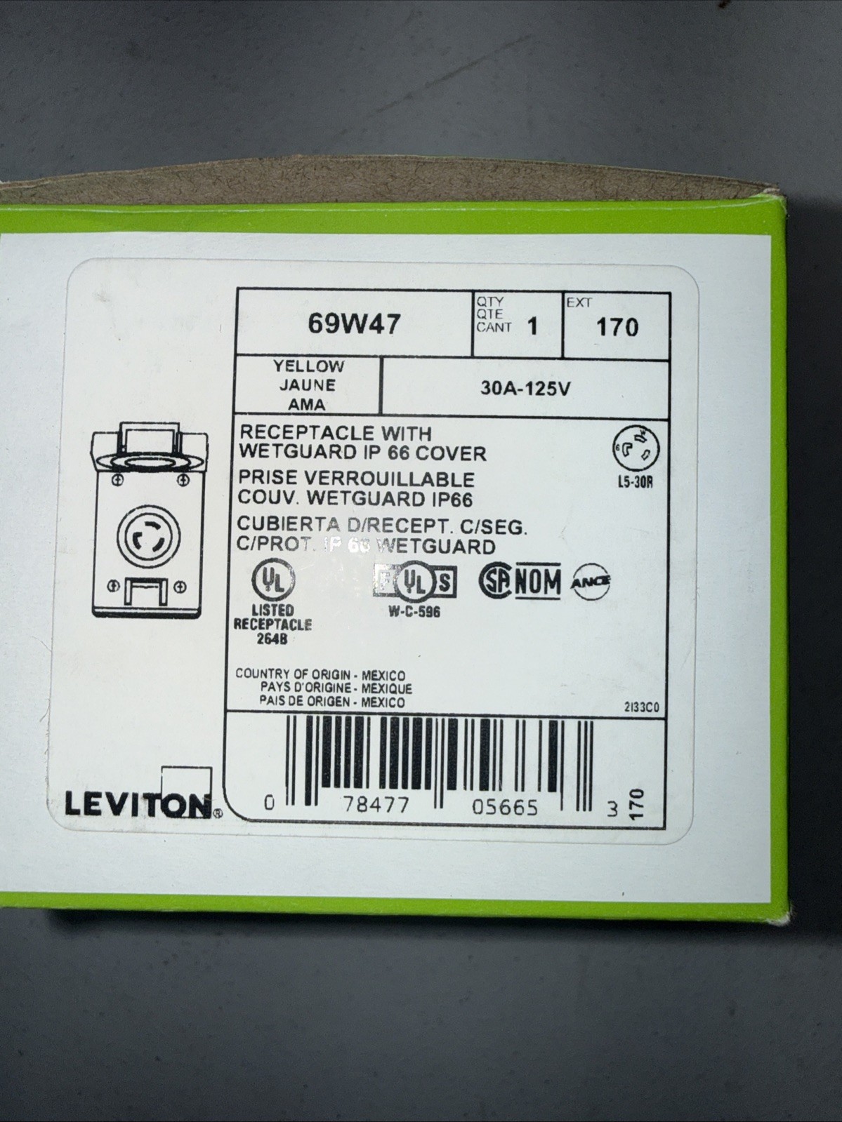 LEVITON 69W47 30AMP 125V RECEPTACLE WITH WESTGUARD IP66 COVER INDUSTRIAL GRADE