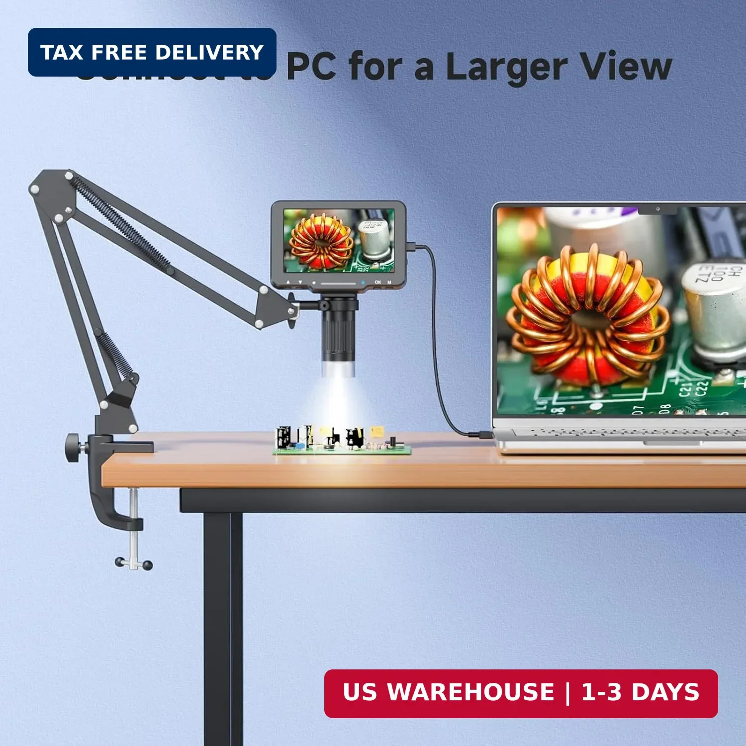 5" LCD Digital Soldering Microscope with Flexible Stand, 1000X Magnification for