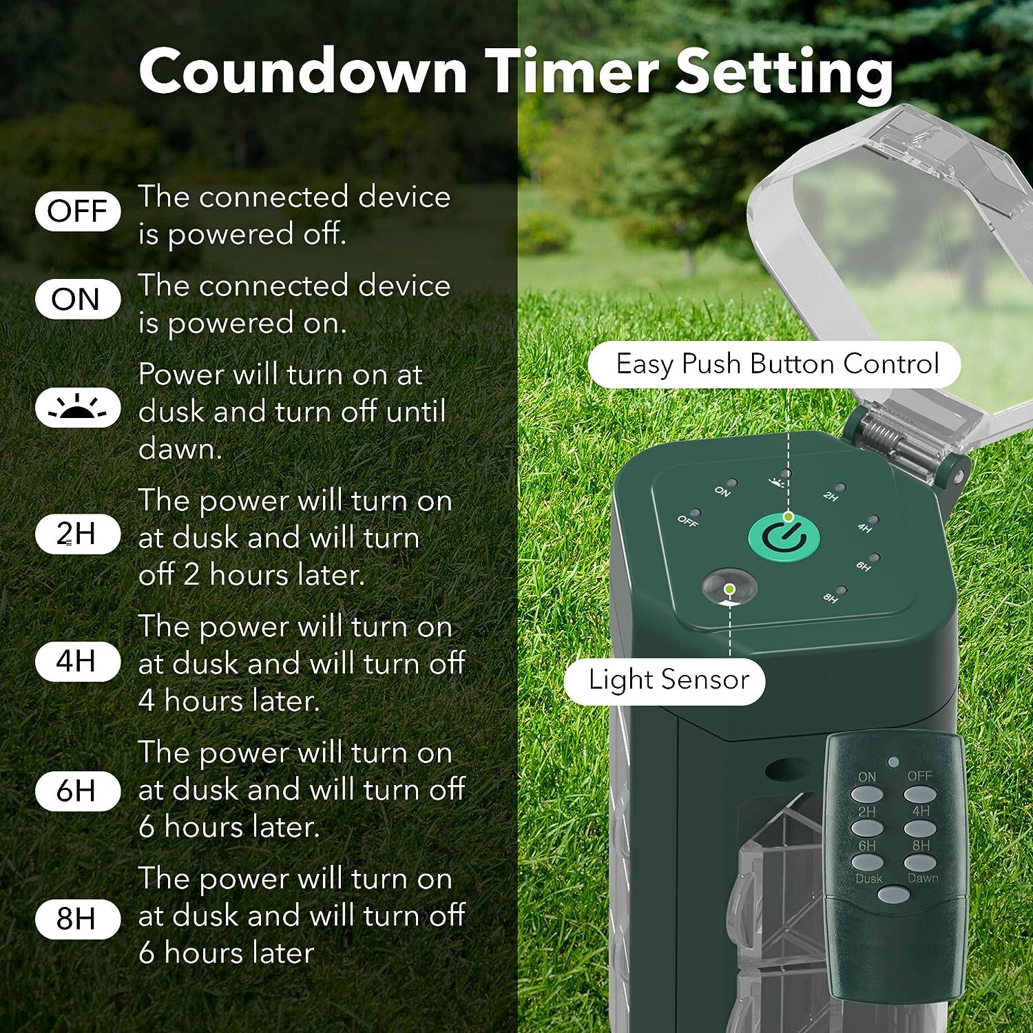 HBN Outdoor Power Strip Timer with Photocell (w Remote Control) Countdown Timer