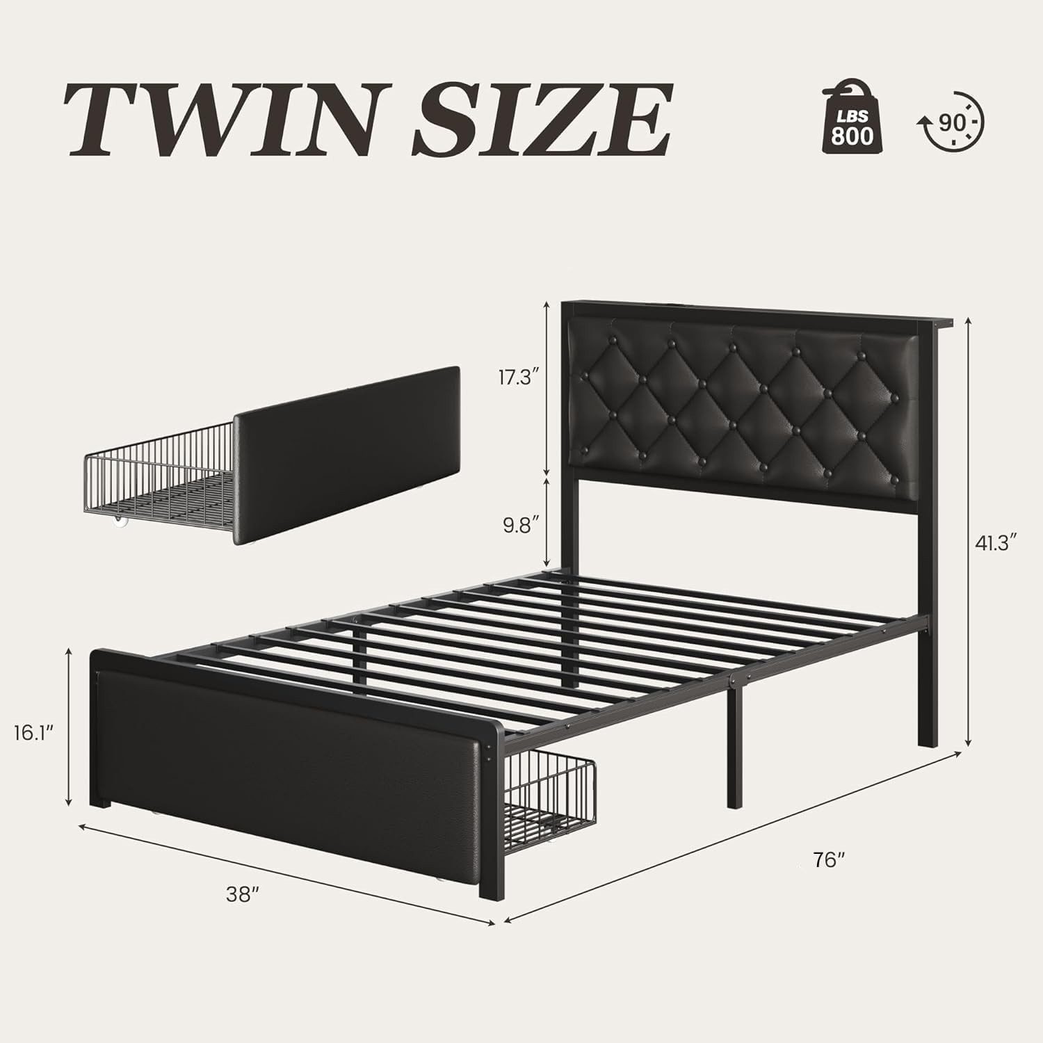 Twin Button Tufted Bed Frame Storage Drawer Upholstered Headboard Charging
