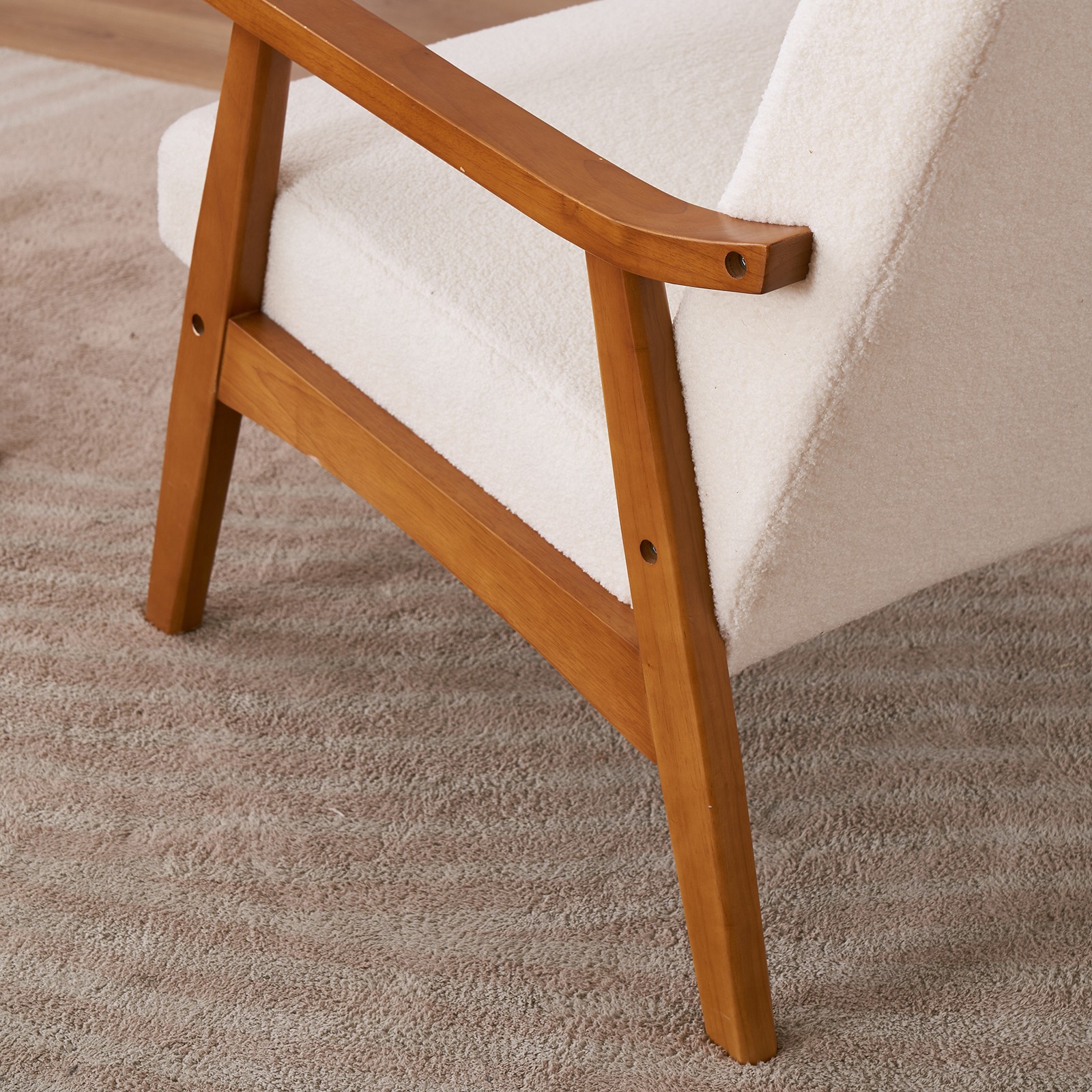 Wood Armrest Teddy Velvet Simple Single Indoor Lounge Chair Backrest Creamy