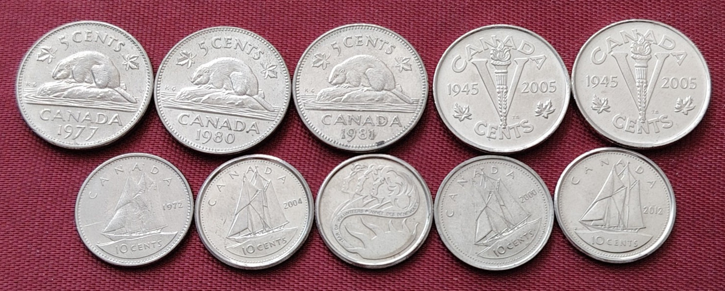 Lot Bulk Mix 10x  5 and 10 cents Canada  some  commemorative